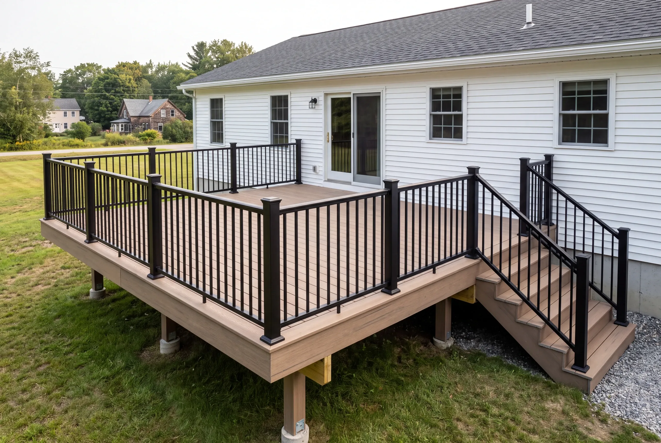 Finished deck and railing at a Winslow home seen from the back door