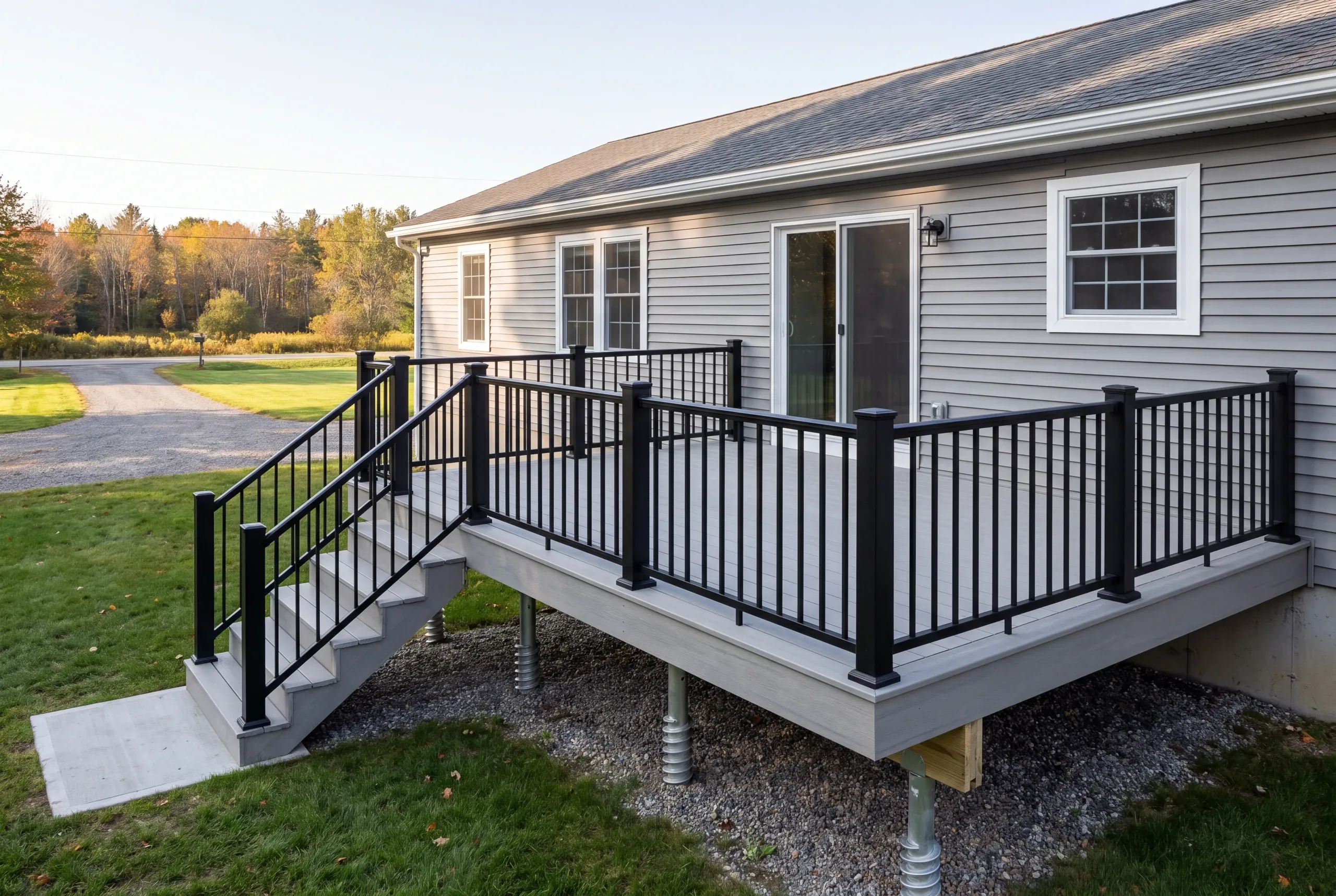 Finished deck and railing on a Winslow, Maine home, wide view