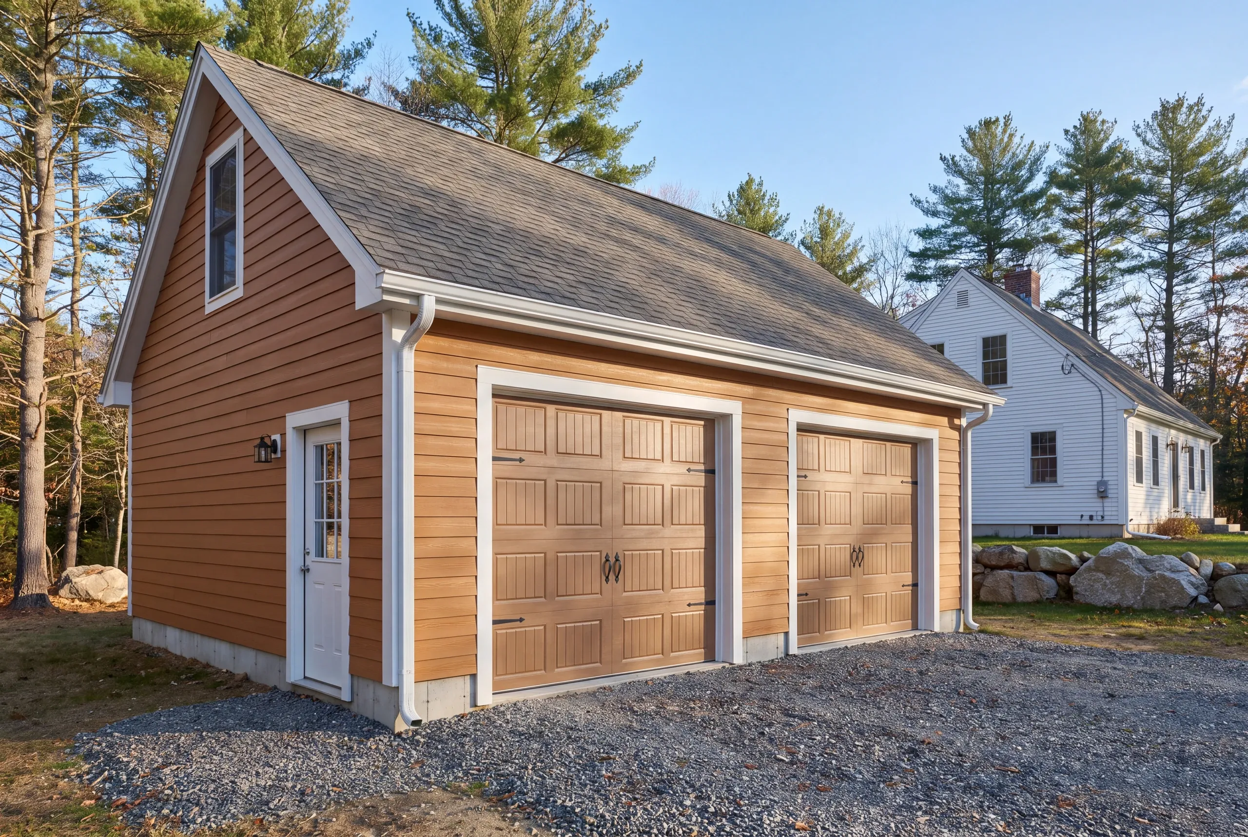 Garage builder Alna, ME crew building a detached garage beside an antique cape