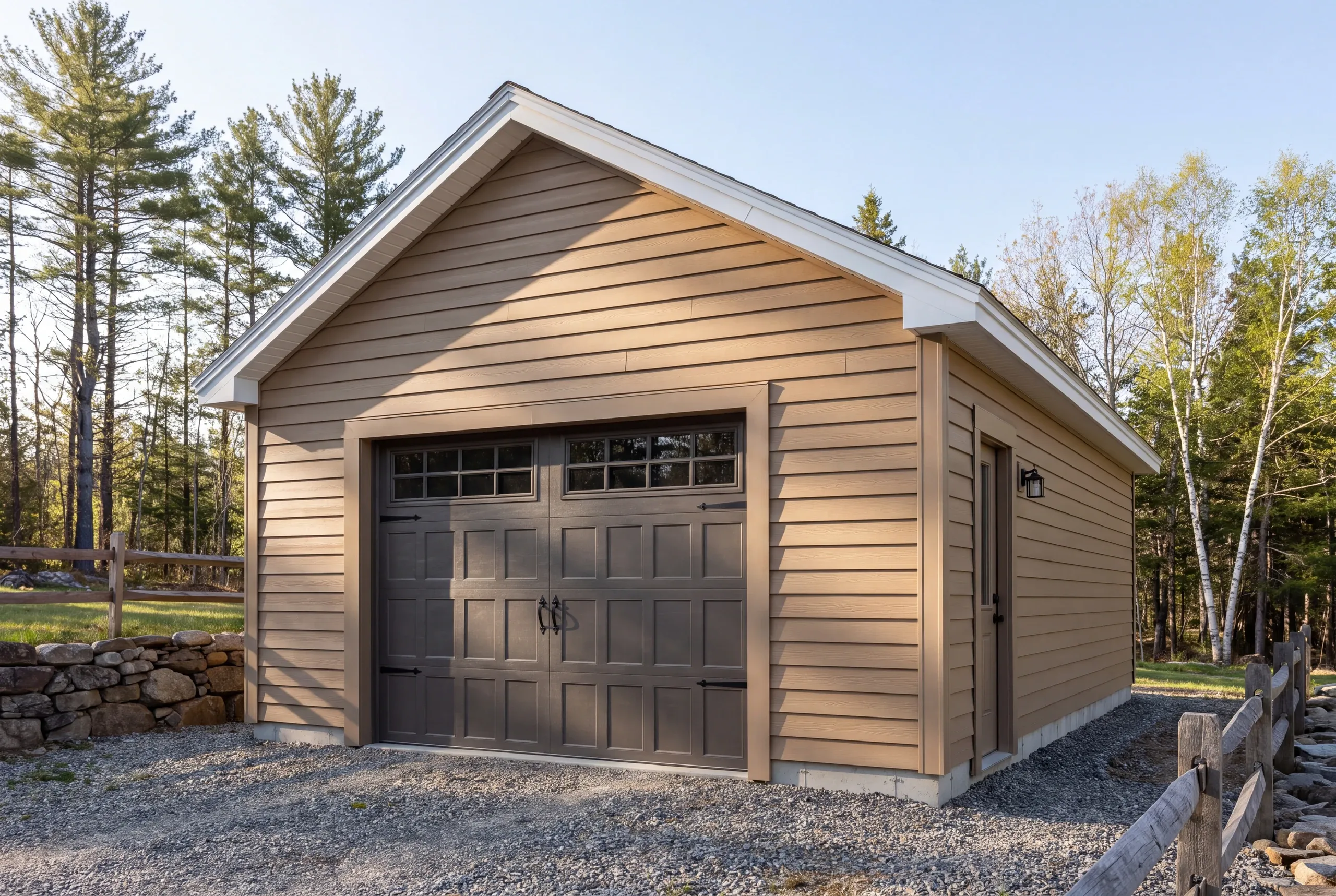 Carriage-style garage doors chosen to suit a 19th century Alna farmhouse