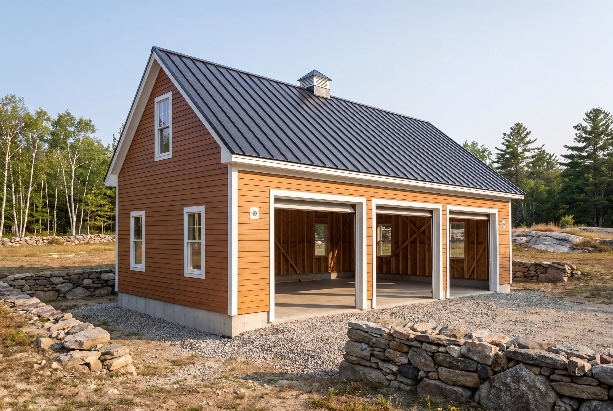 LP siding and traditional trim detail on a new Alna garage