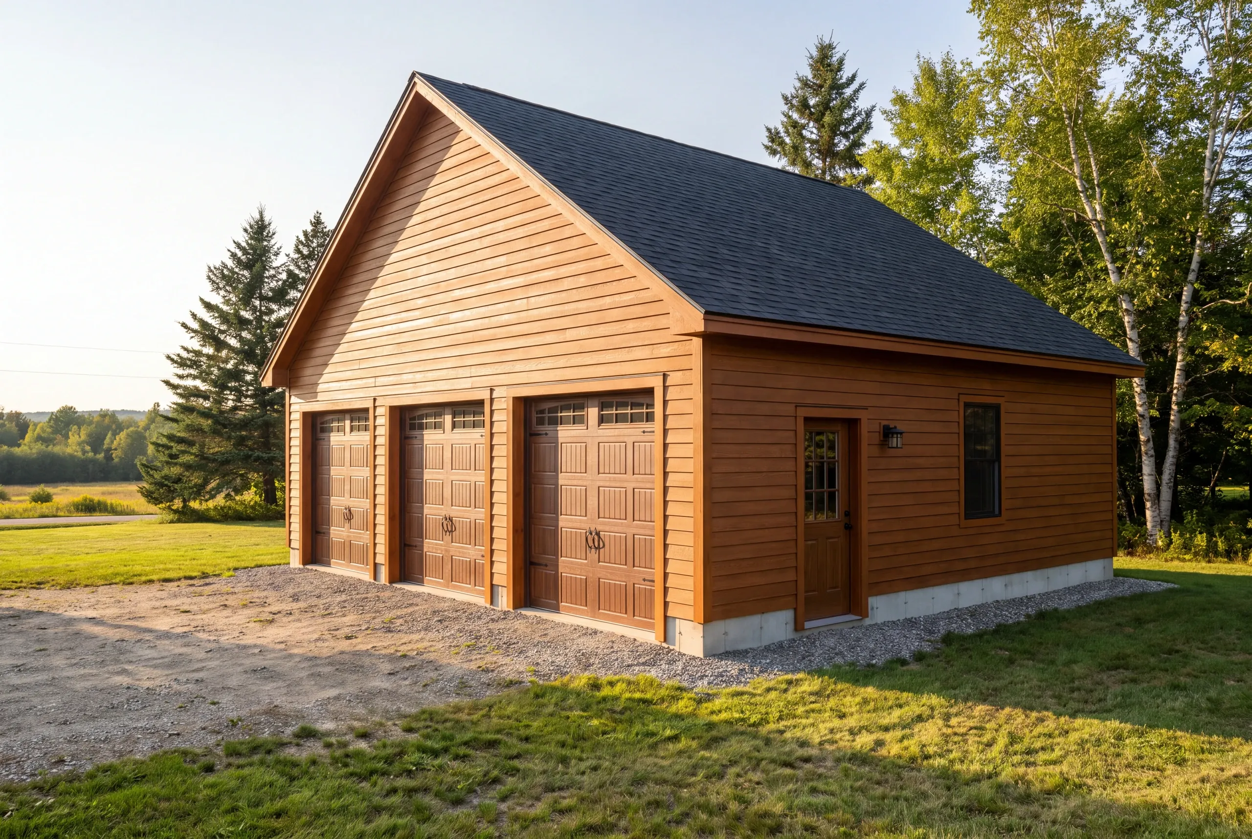 Finished detached garage on an Alna, Maine property, wide view