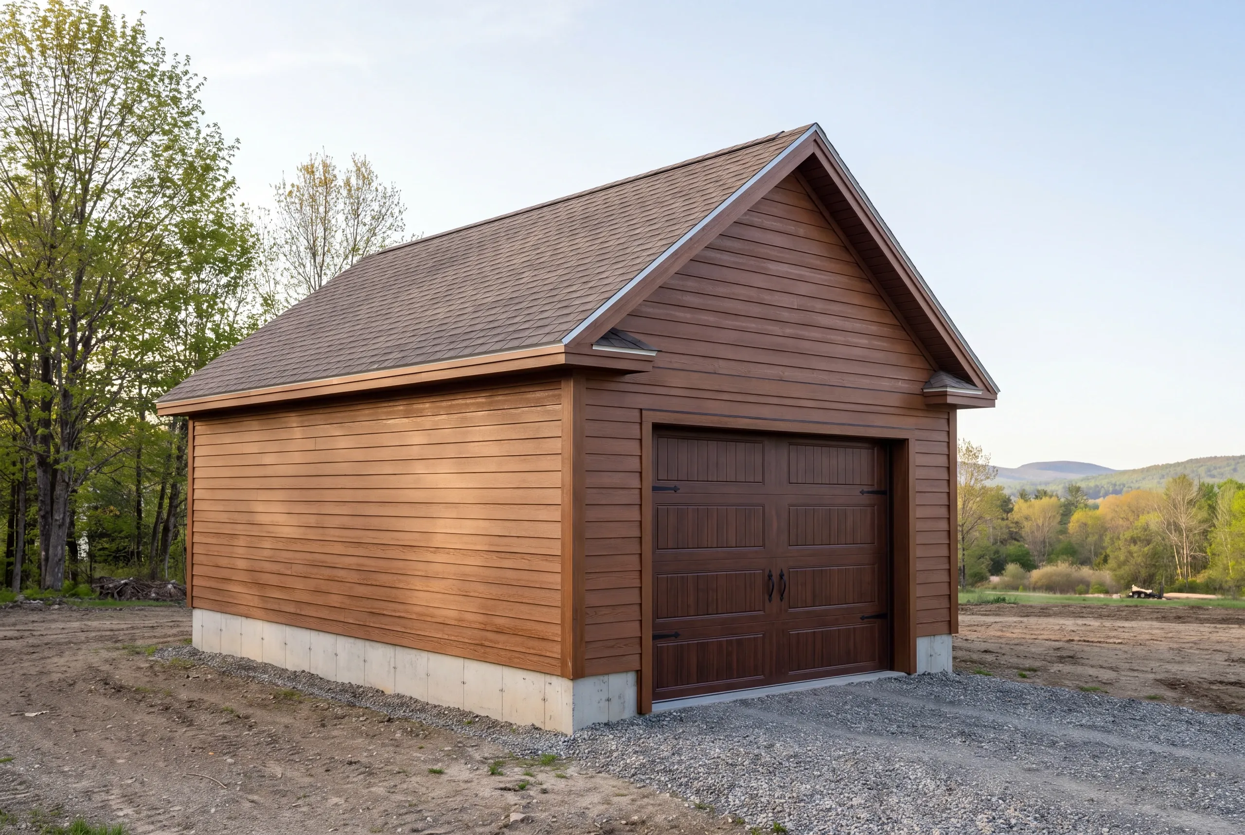 Garage builder Auburn, ME: finished detached garage with a shingled gable roof on a hillside lot