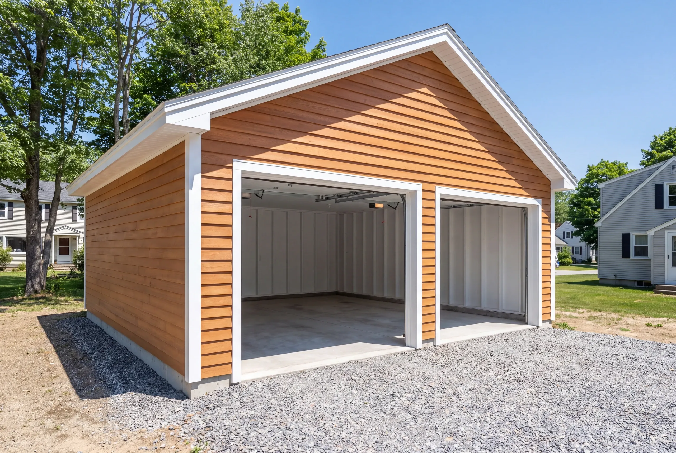 Finished garage interior in Auburn with the overhead door open to the yard