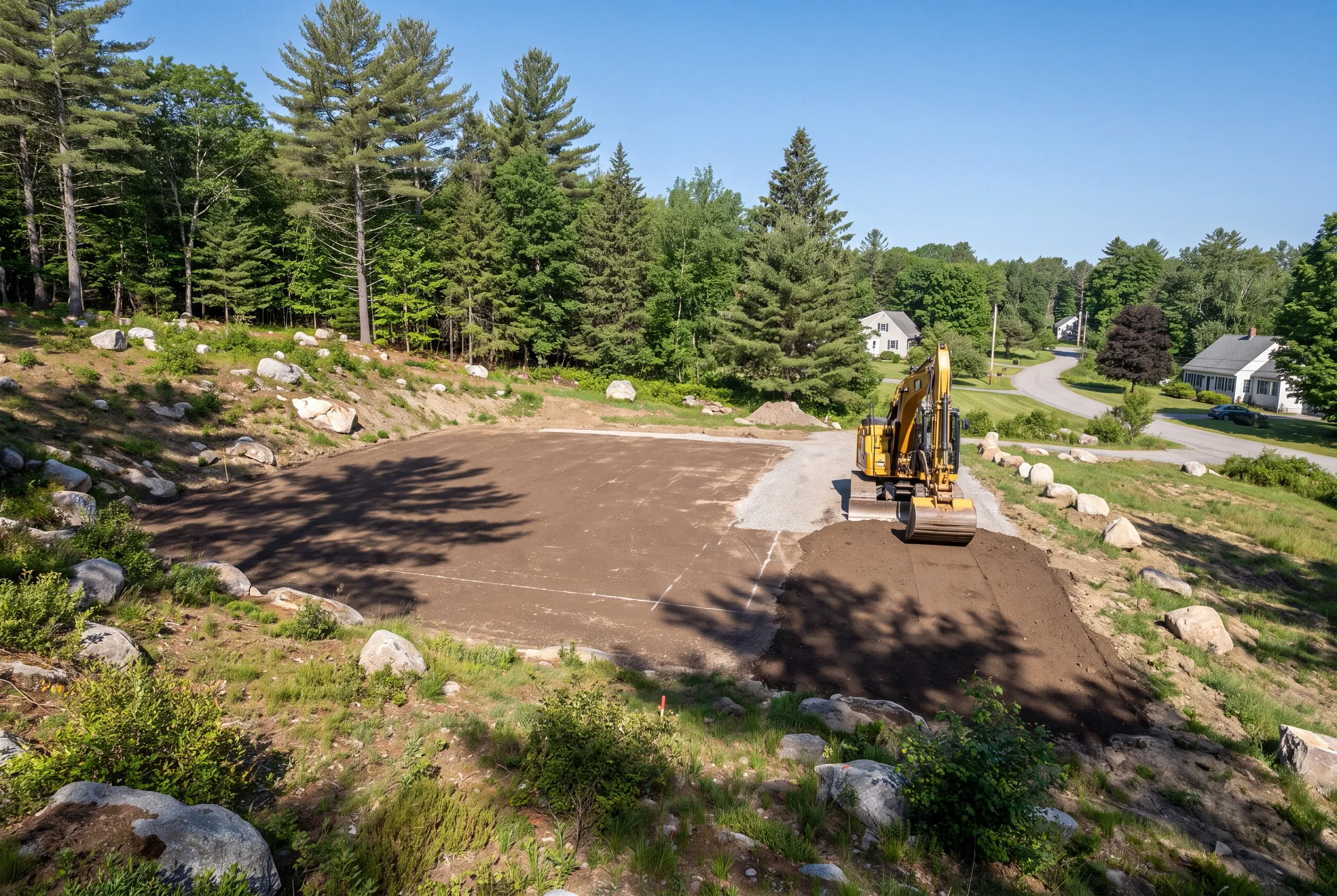 Excavator cutting a level pad into a sloped Augusta lot before a garage pour