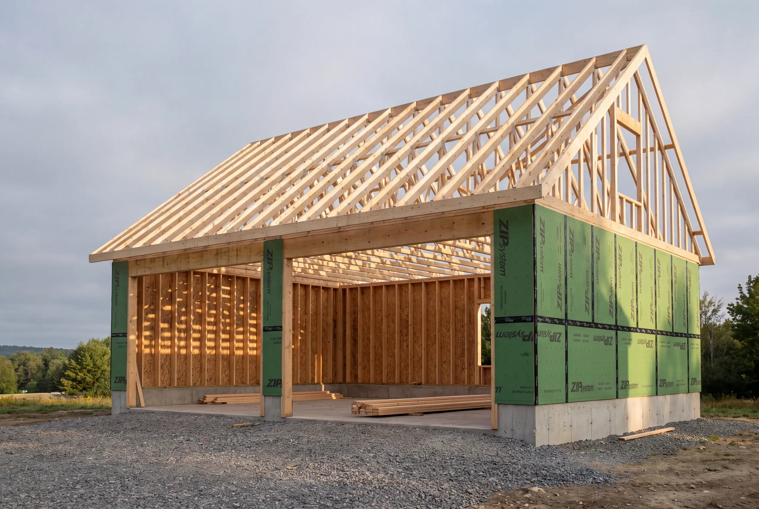 Snow-load rated trusses set on a 24 by 24 garage in Augusta, Maine
