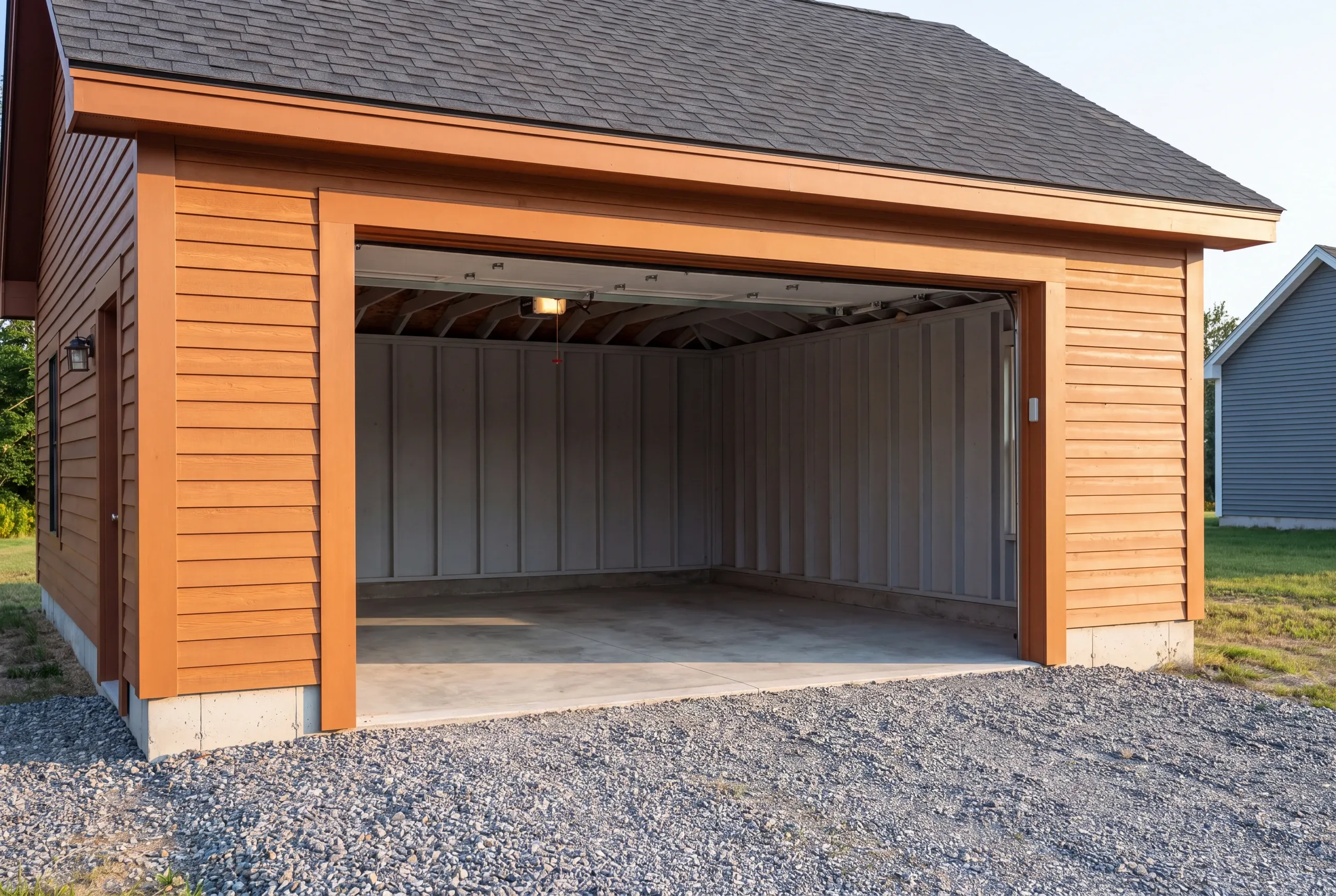 Finished garage interior in Augusta with the overhead door open to the yard
