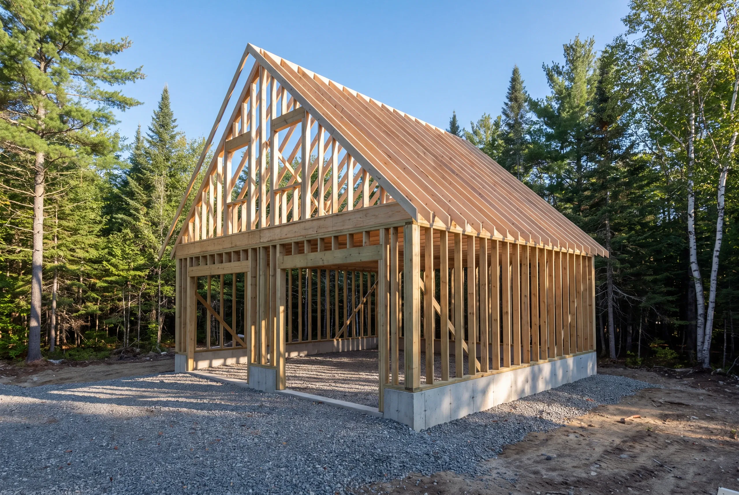 Garage builder Belgrade, ME crew framing a detached garage on a Great Pond camp road