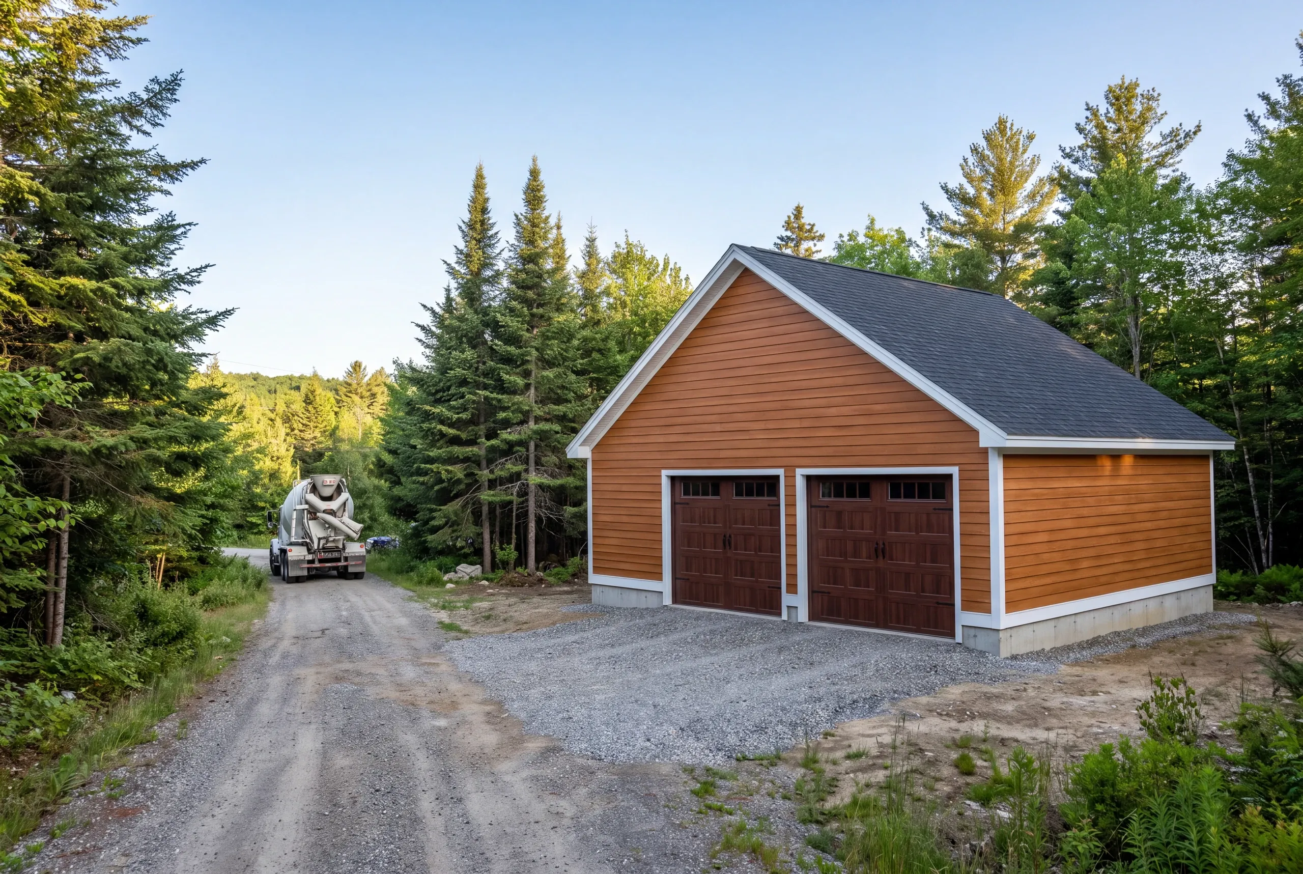 Concrete truck backing down a narrow Belgrade camp road to a garage pad