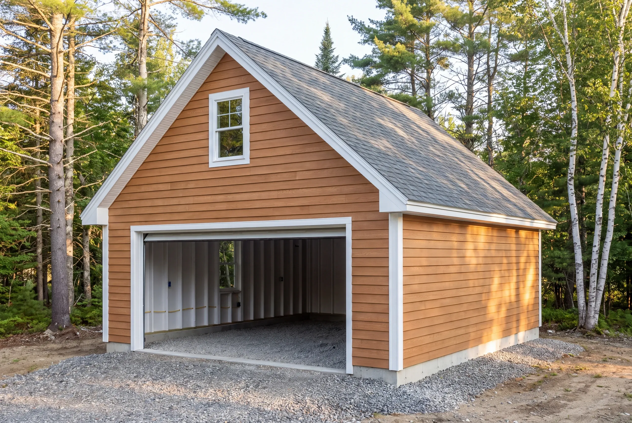 Finished garage interior in Belgrade with the overhead door open to the yard