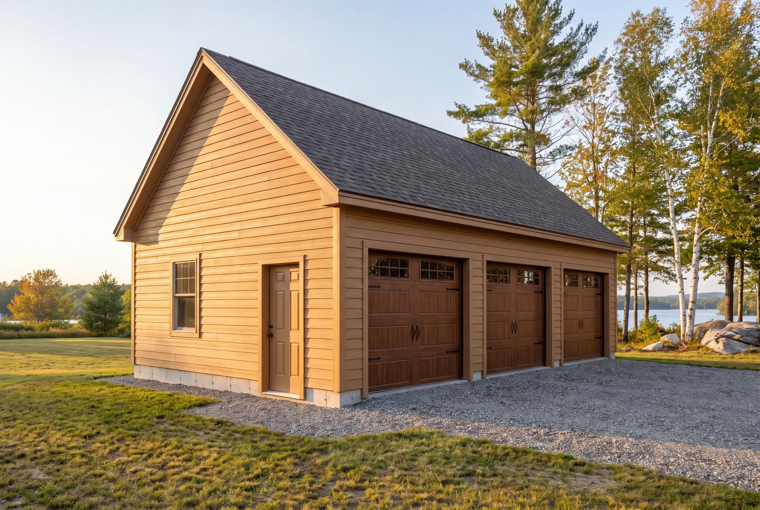 Finished detached garage on a Belgrade, Maine property, wide view