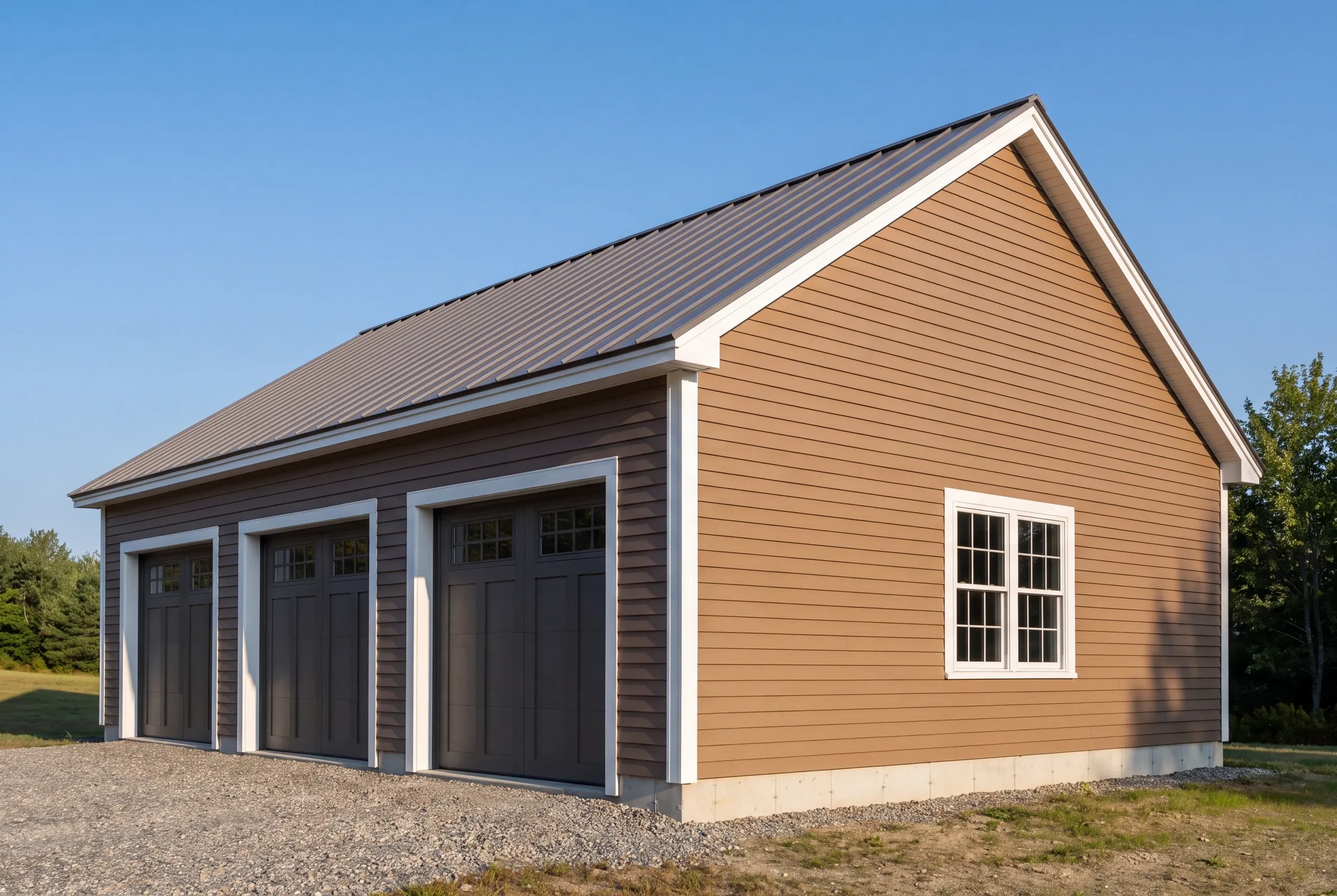Traditional trim and window proportions on a new garage near Maine Street in Brunswick
