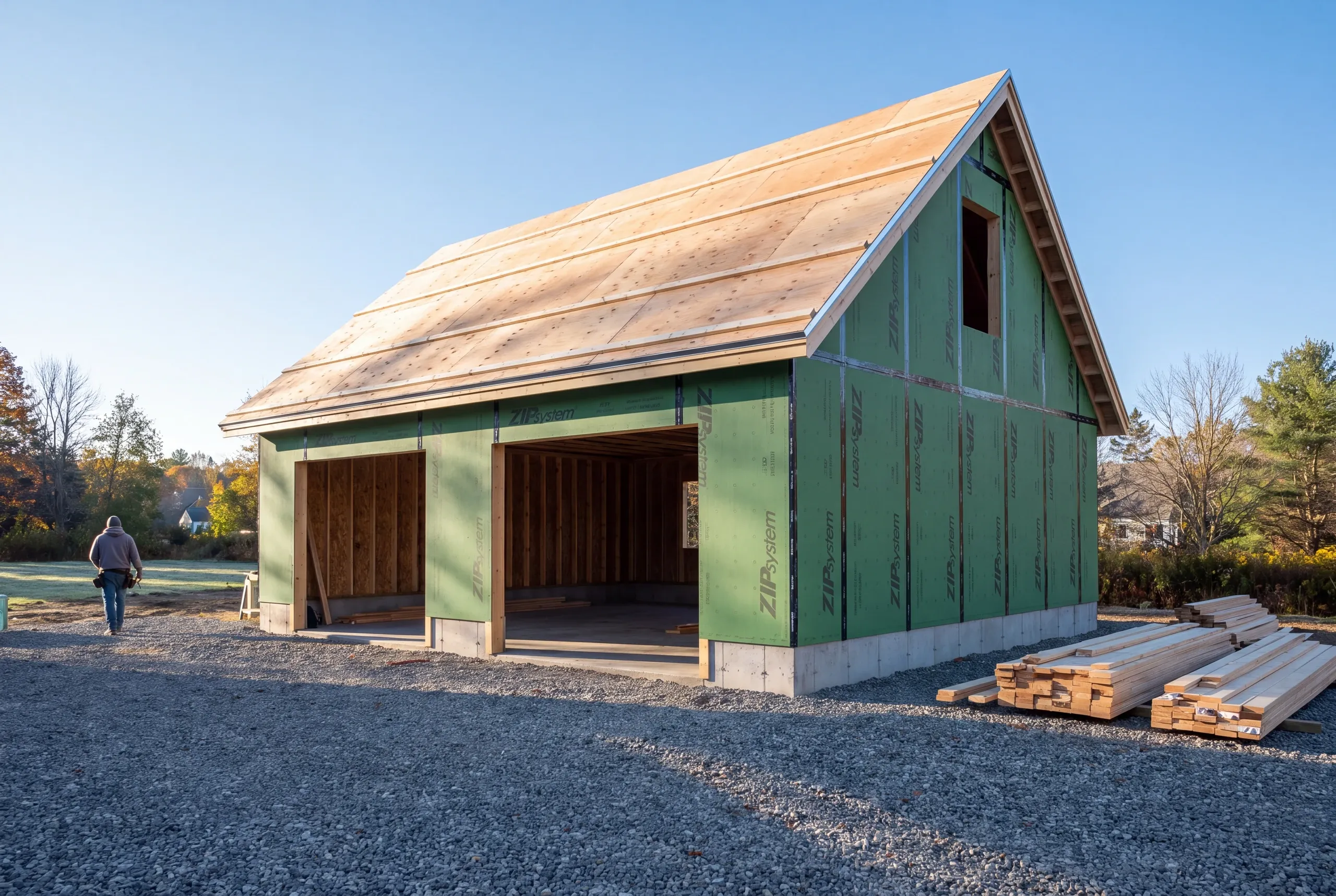Garage roof framed and sheathed against wind-driven rain in Brunswick, Maine