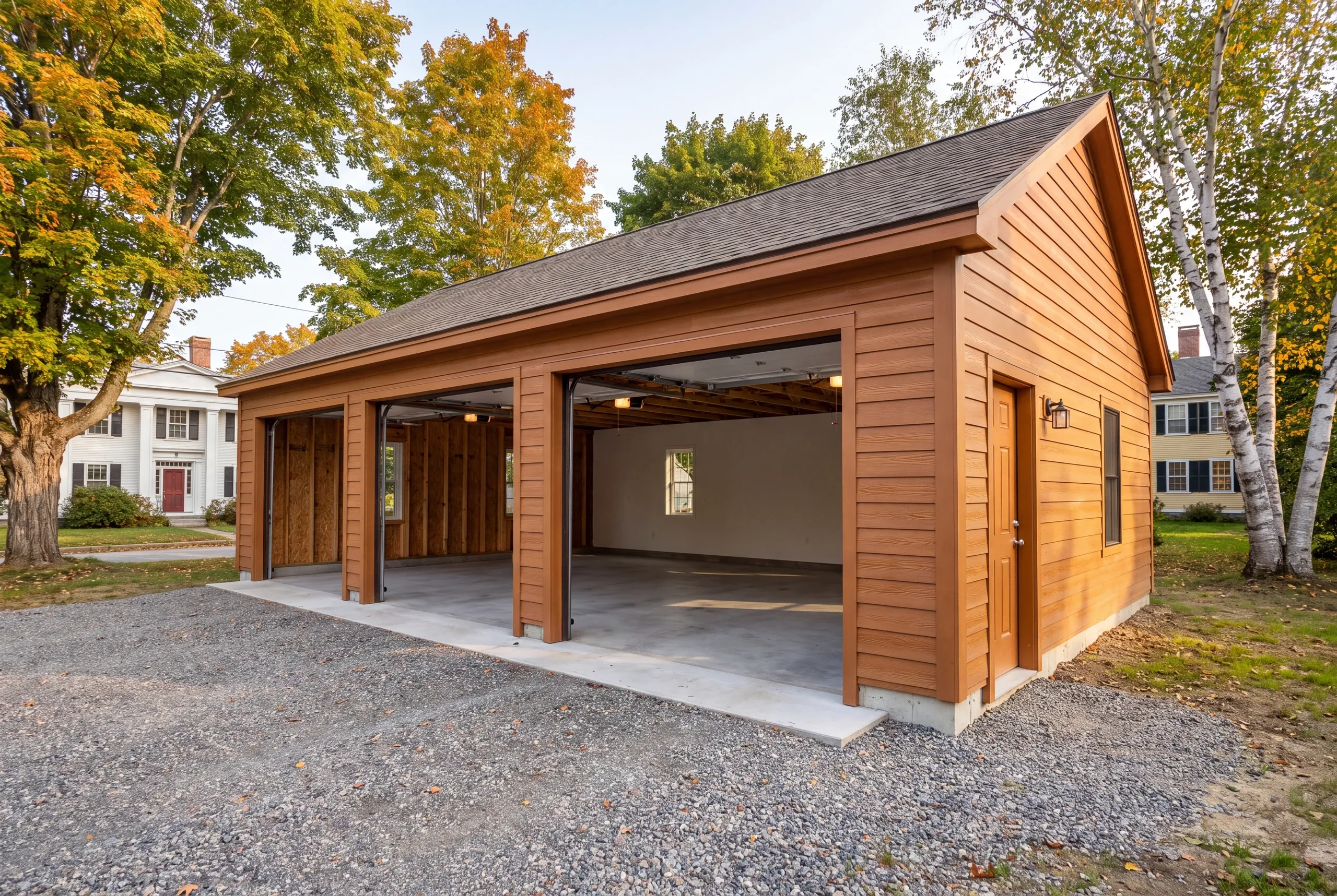 Finished garage interior in Brunswick with the overhead door open to the yard