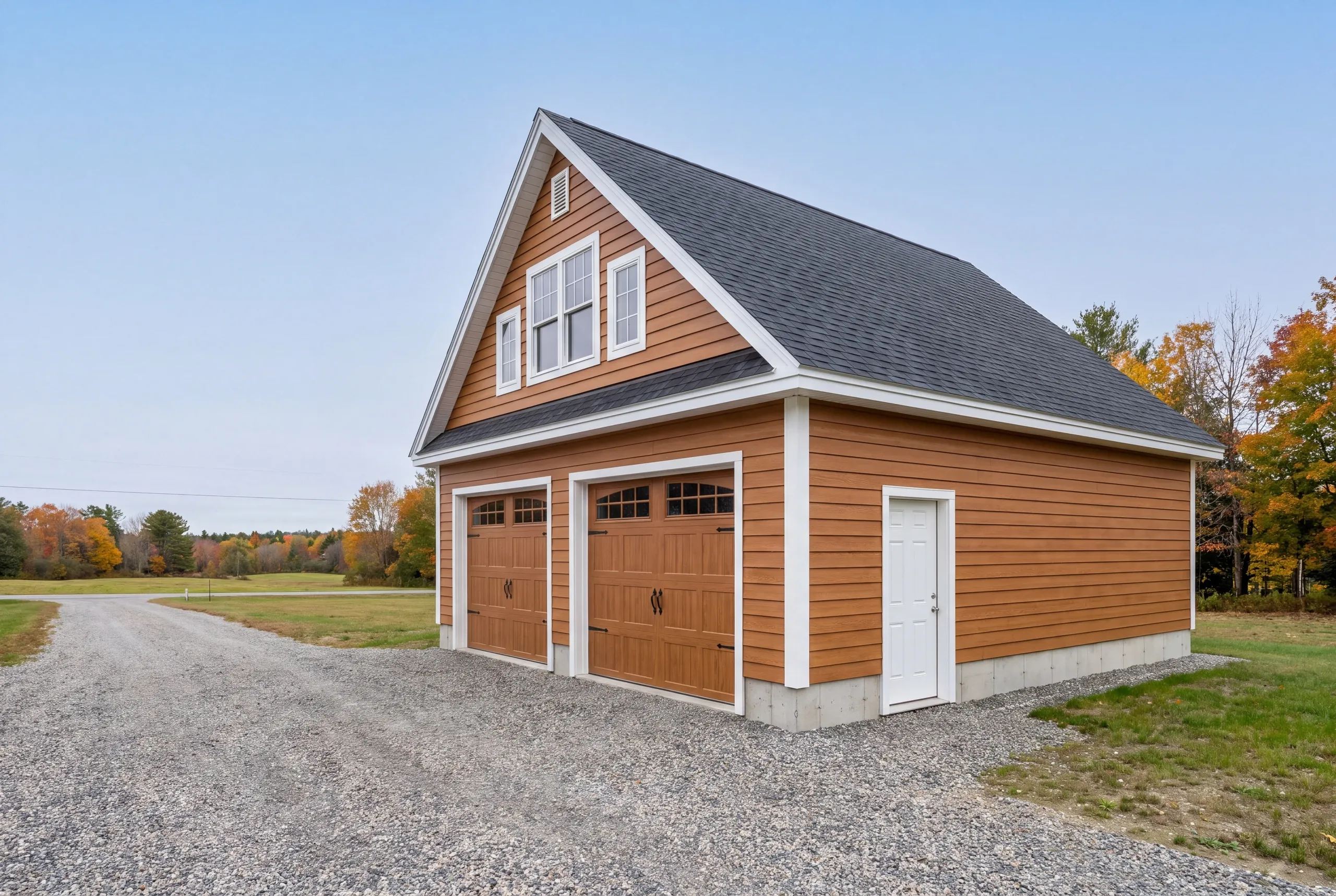 Finished detached garage on a Brunswick, Maine property, wide view