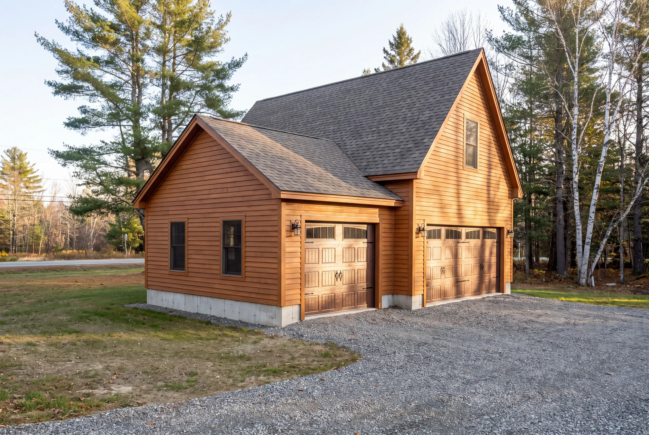 Long private gravel drive leading to a garage build site in China, Maine