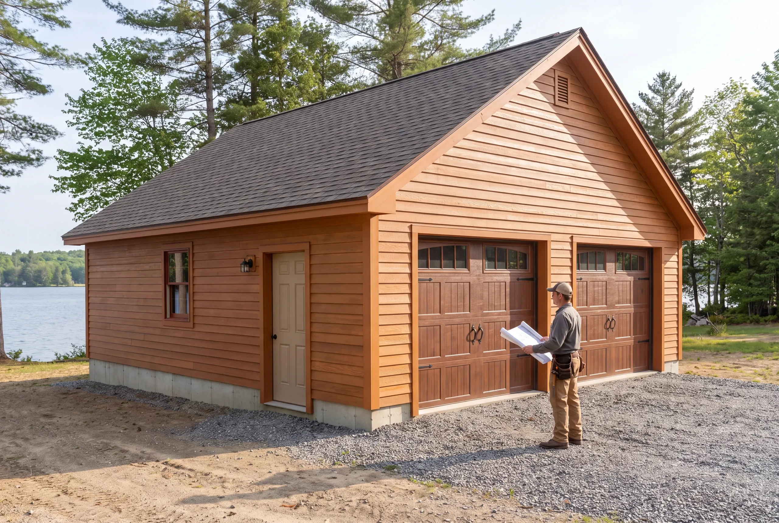 Builder reviewing a scaled site plan for a China lake-adjacent garage permit