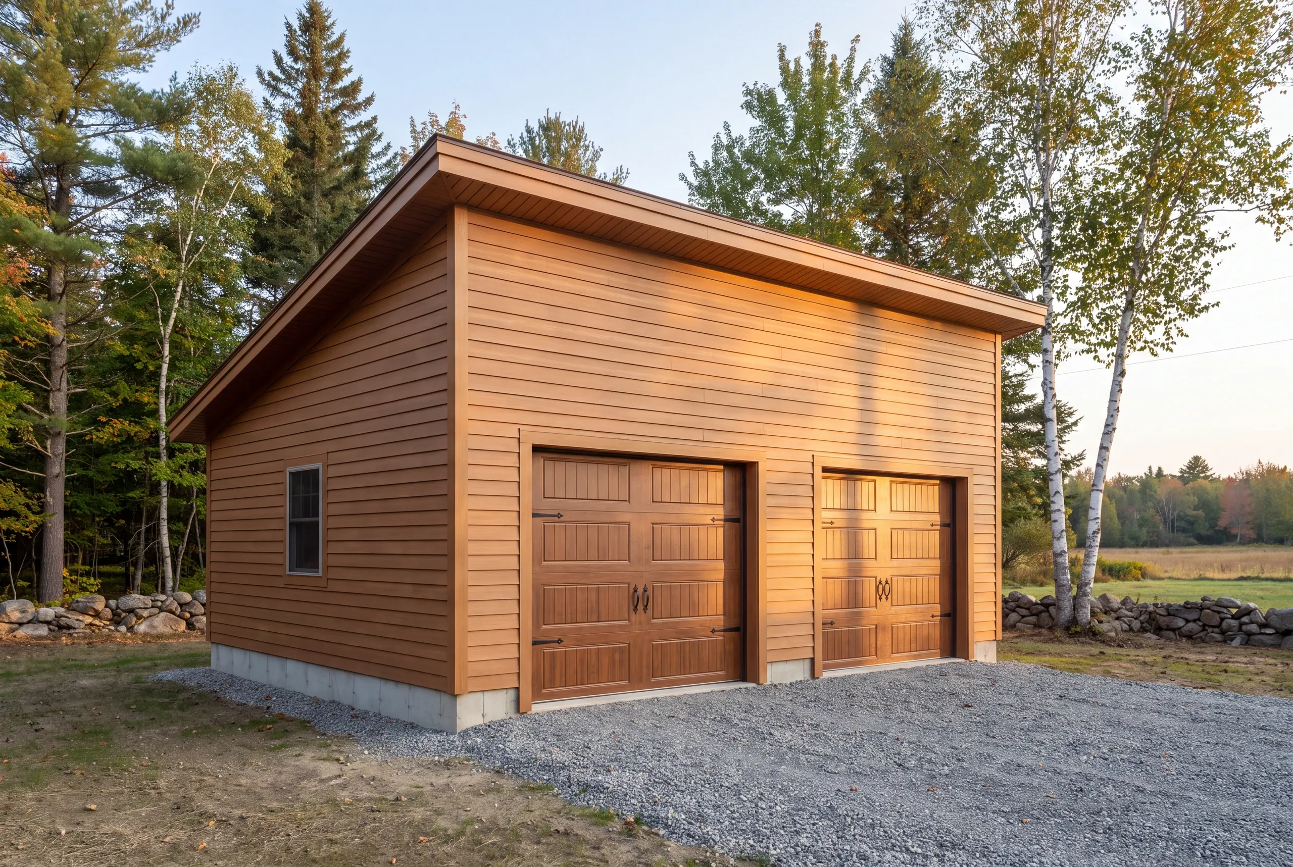 Finished two-bay garage with gravel apron on a rural China parcel