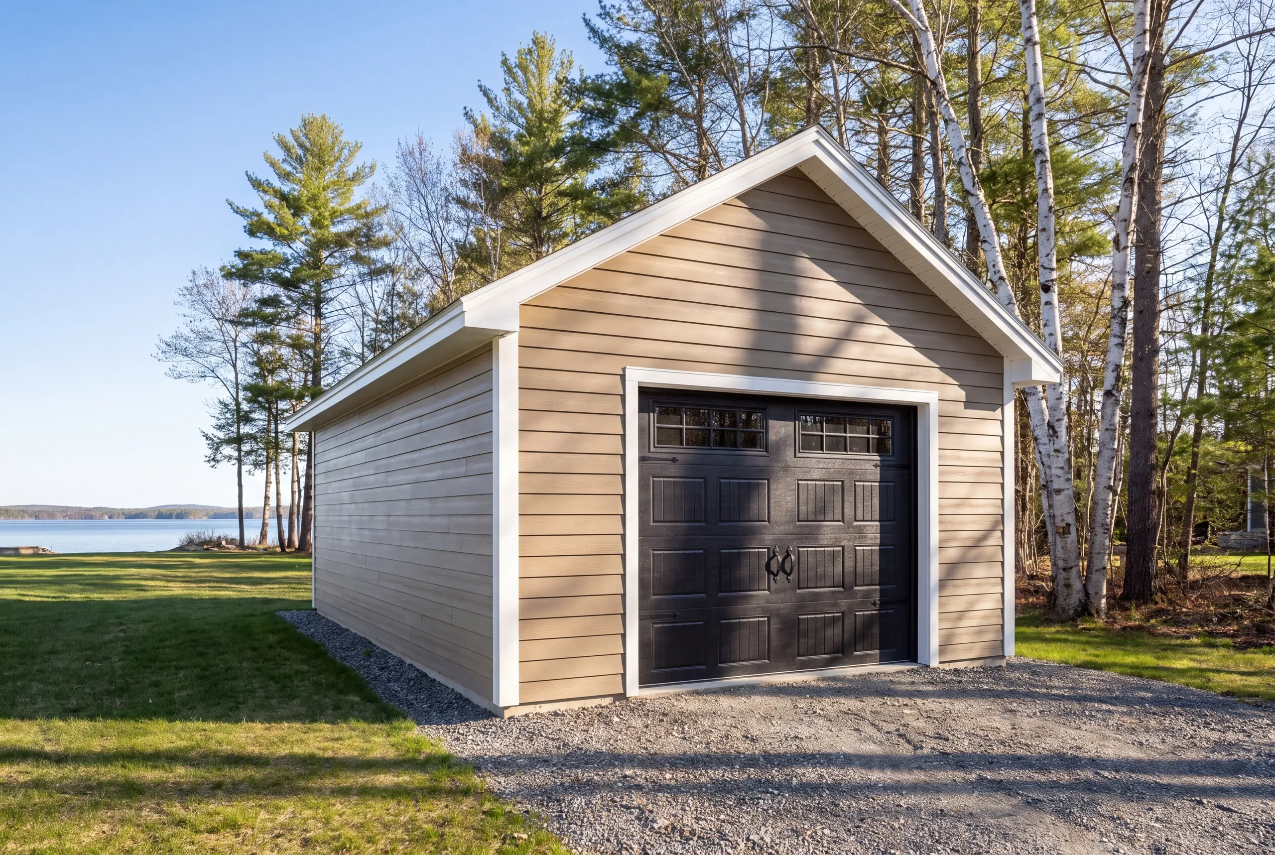 Finished detached garage on a China, Maine property, wide view