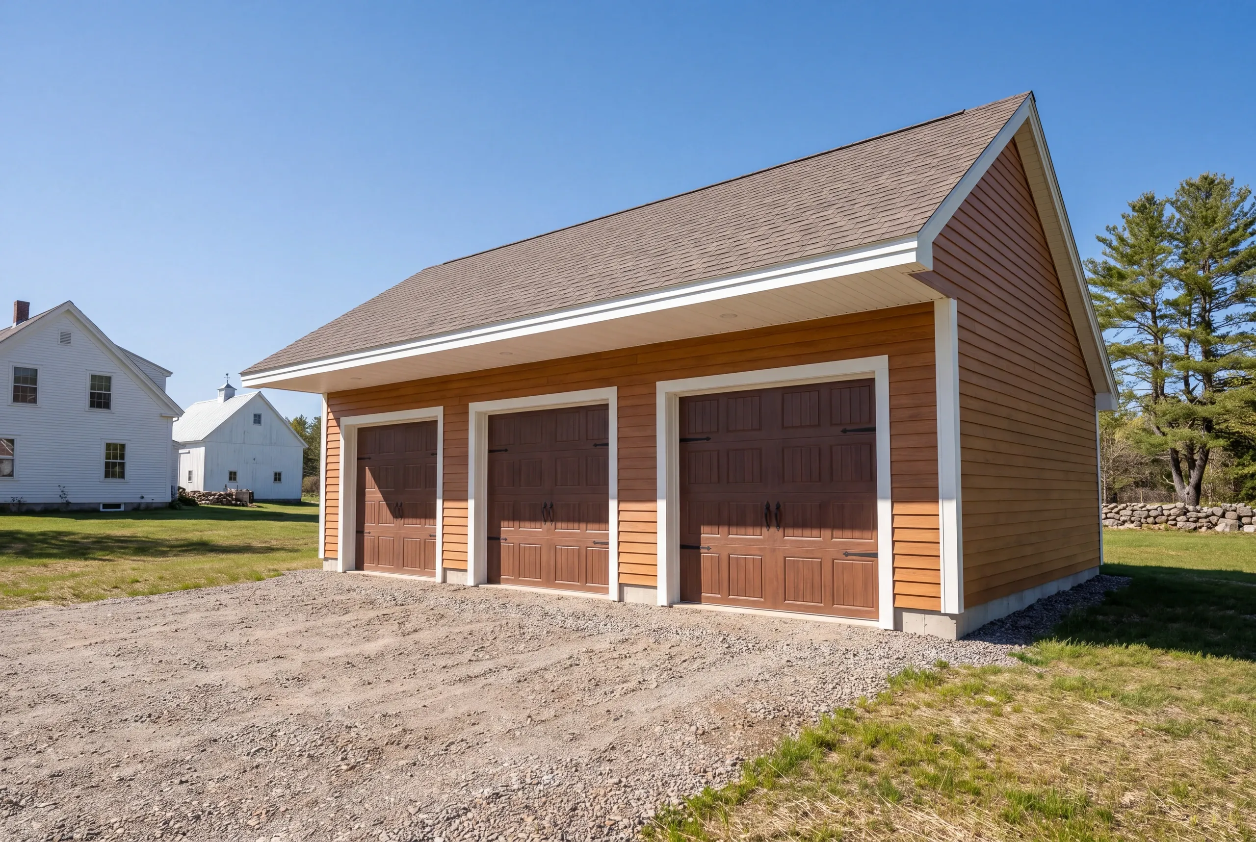 Completed three-bay garage with gravel approach on a Clinton farmstead