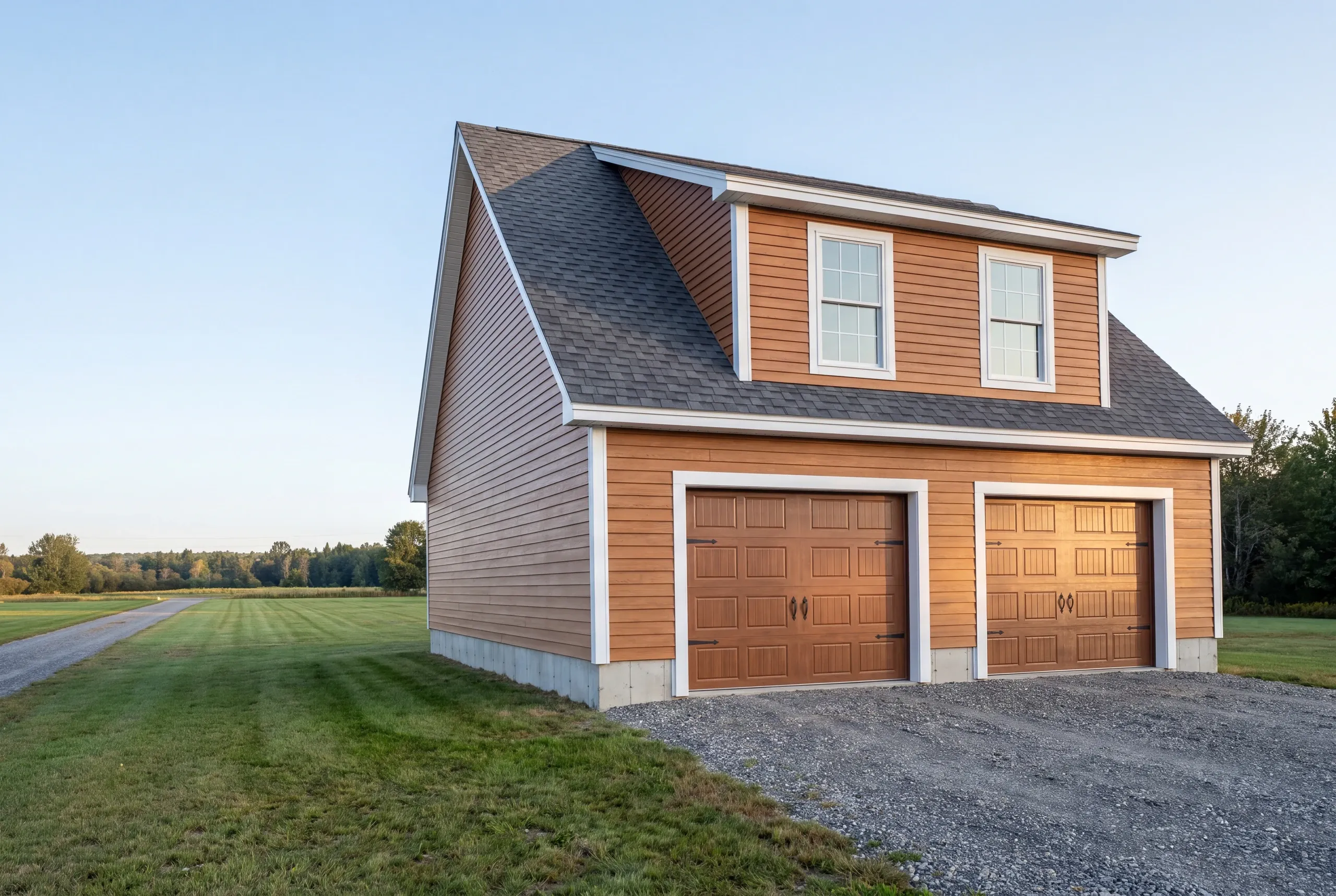 Finished detached garage on a Clinton, Maine property, wide view