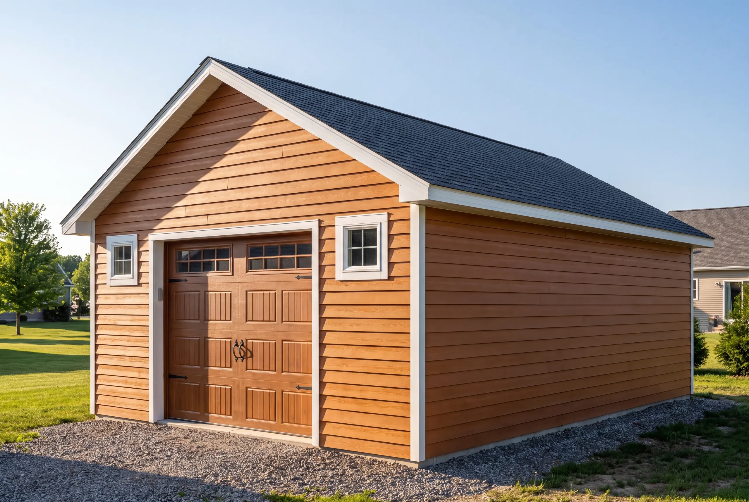 Finished detached garage on a Central Maine property, wide view