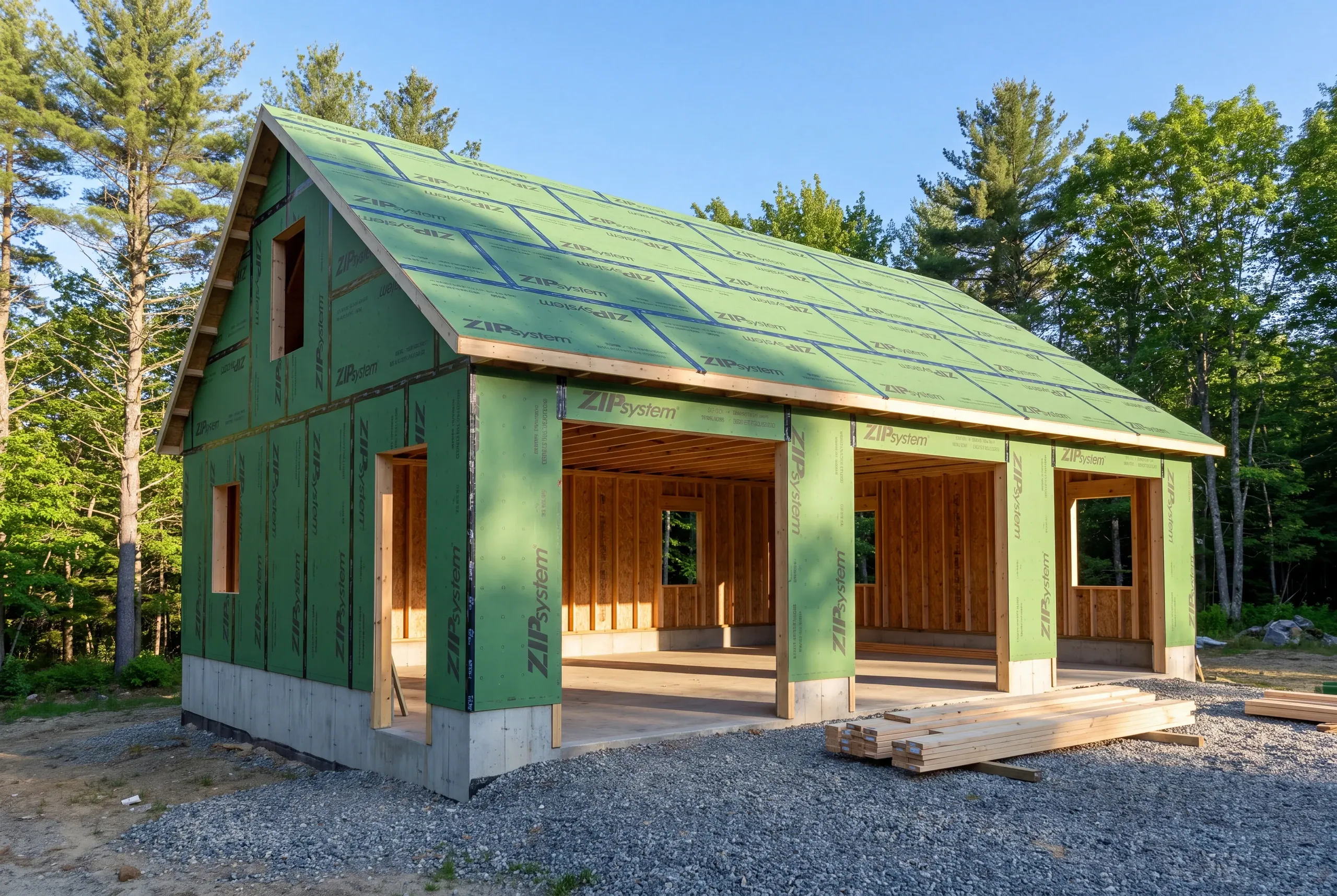 Garage builder Fairfield, ME crew framing a three-bay garage on a farm property
