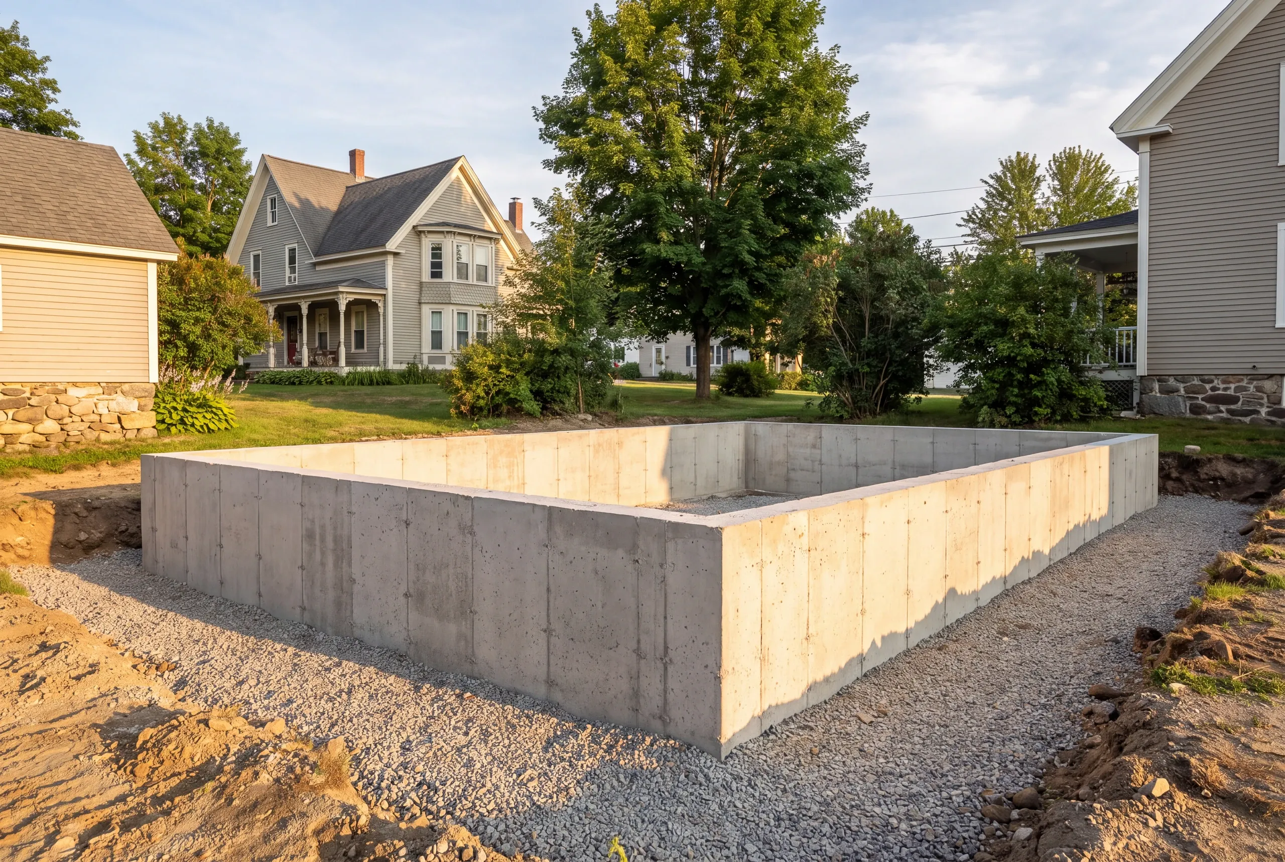 Frost wall forms stripped on a new garage foundation in Fairfield, Maine