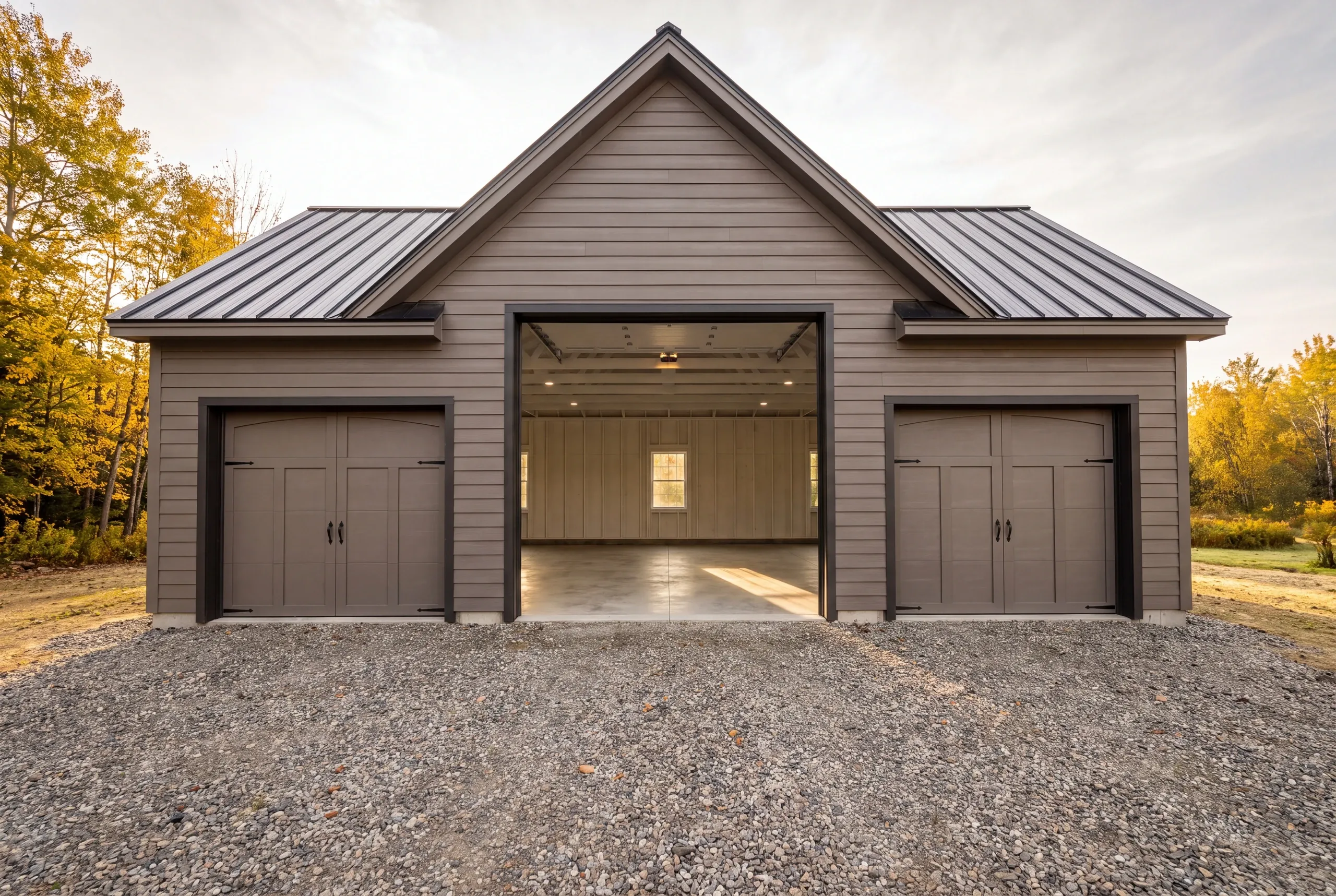Finished garage interior in Fairfield with the overhead door open to the yard