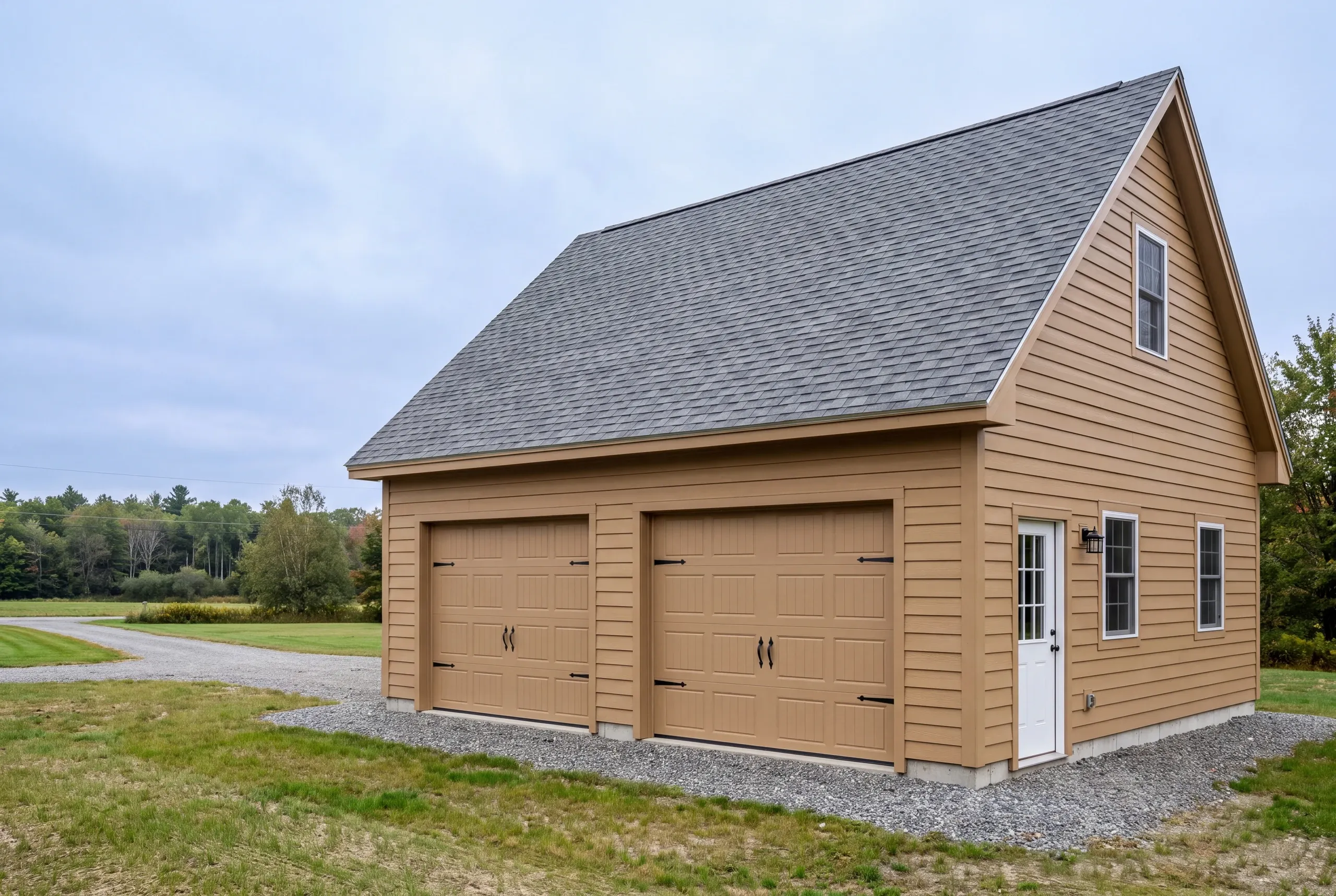 Finished detached garage on a Fairfield, Maine property, wide view