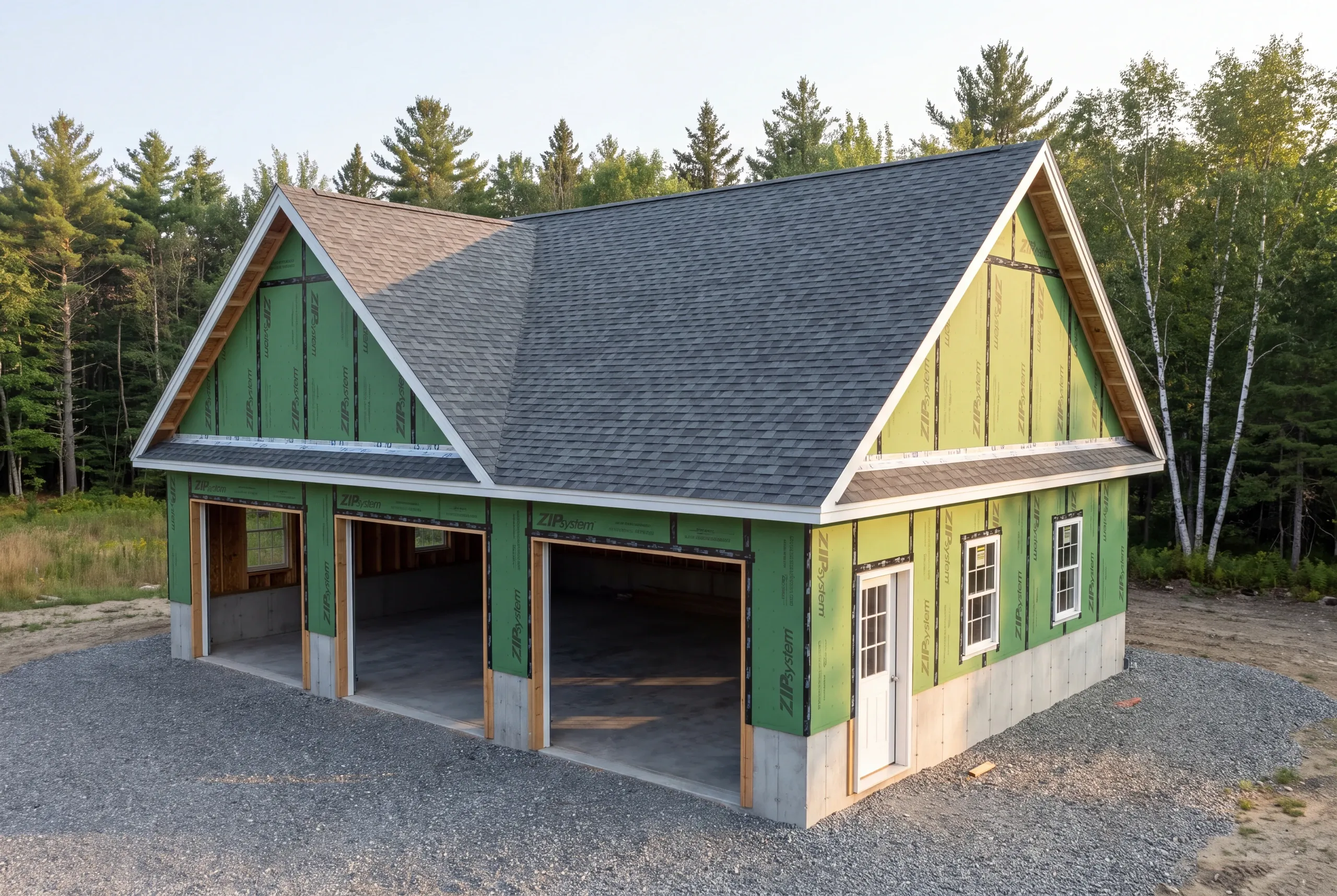 CertainTeed roofing installed on a steeply pitched garage roof in Farmington, Maine
