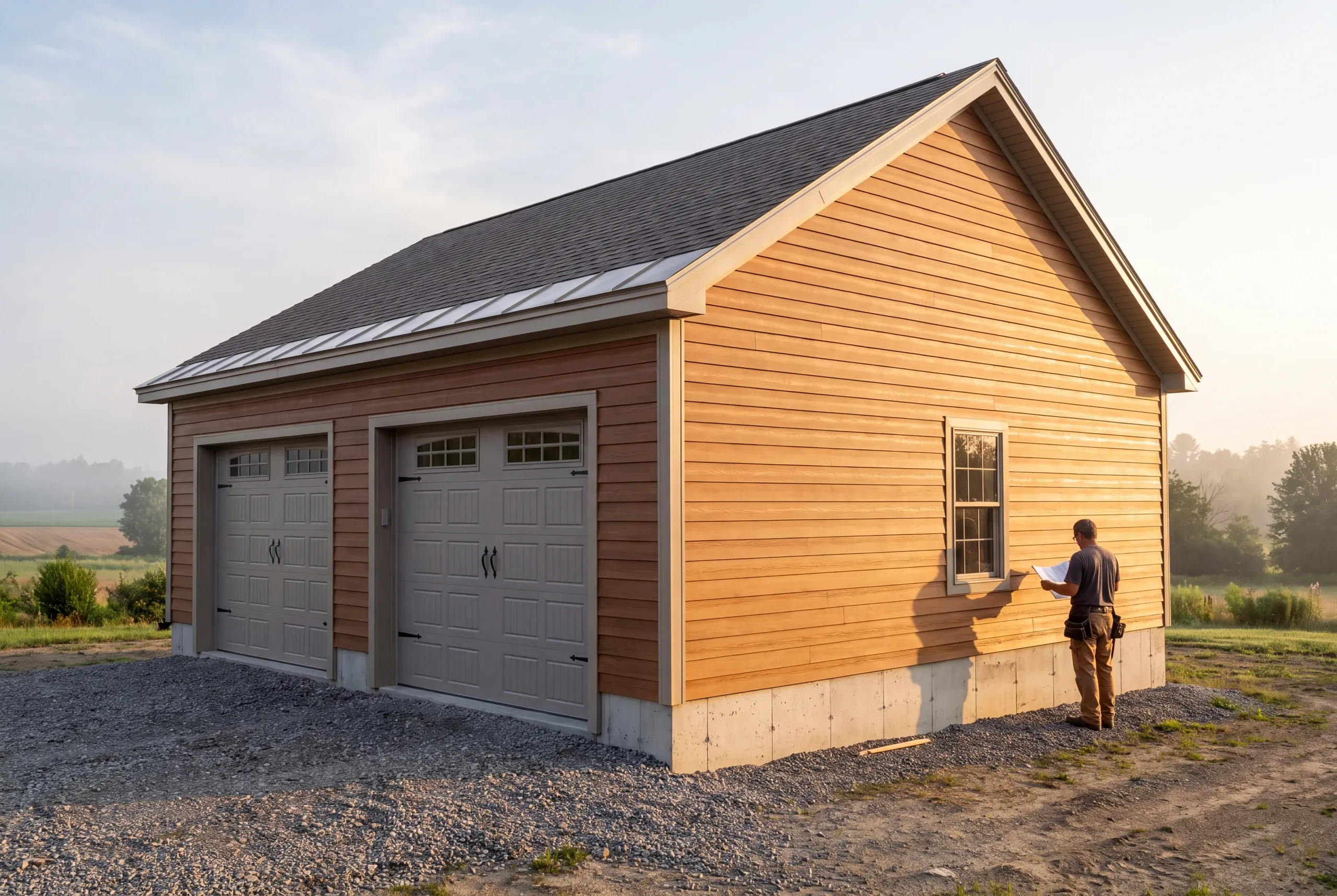 Builder checking flood elevation references before siting a Farmington garage