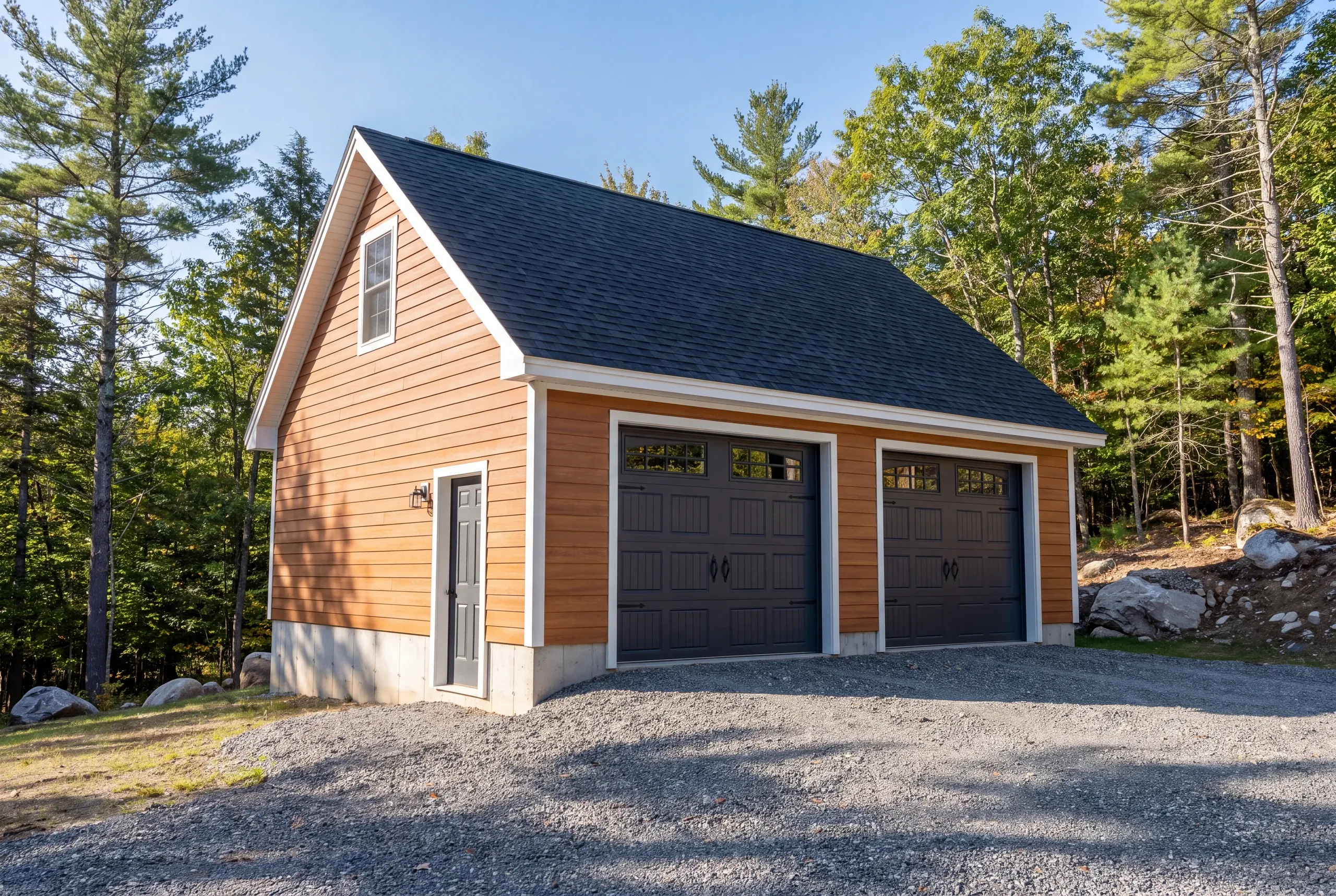Finished two-bay garage on a wooded hillside parcel outside Farmington village