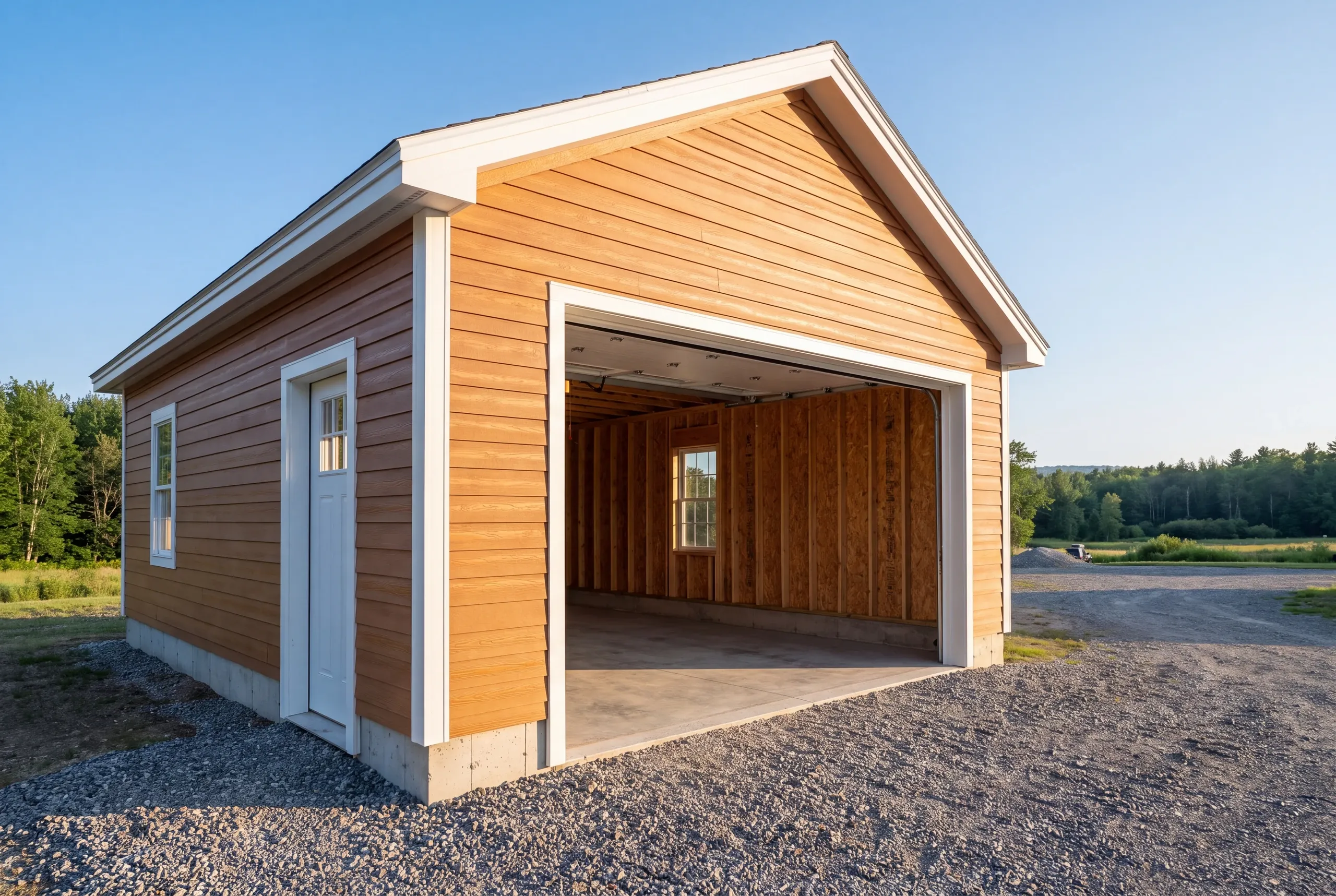Finished garage interior in Farmington with the overhead door open to the yard