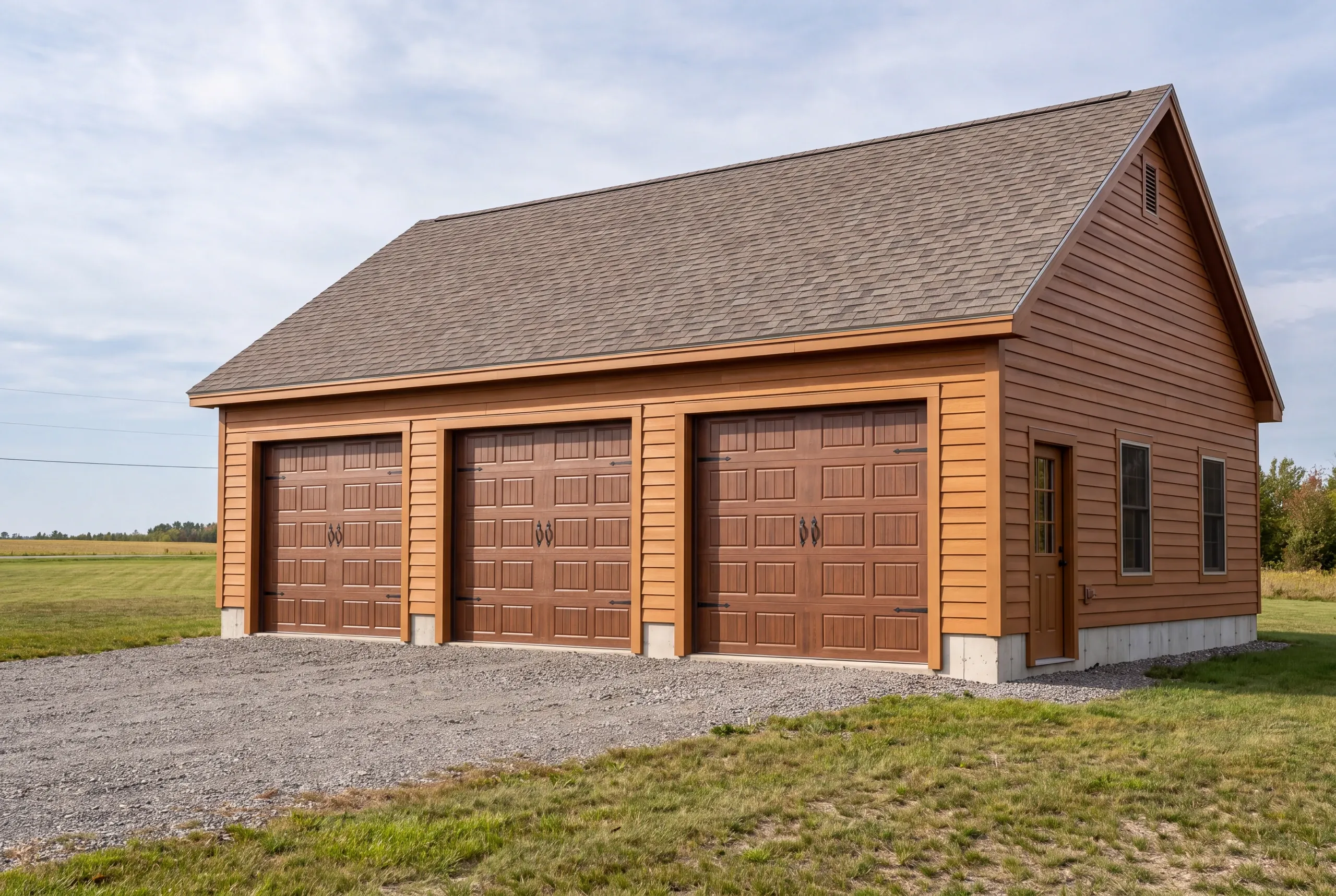 Finished detached garage on a Farmington, Maine property, wide view