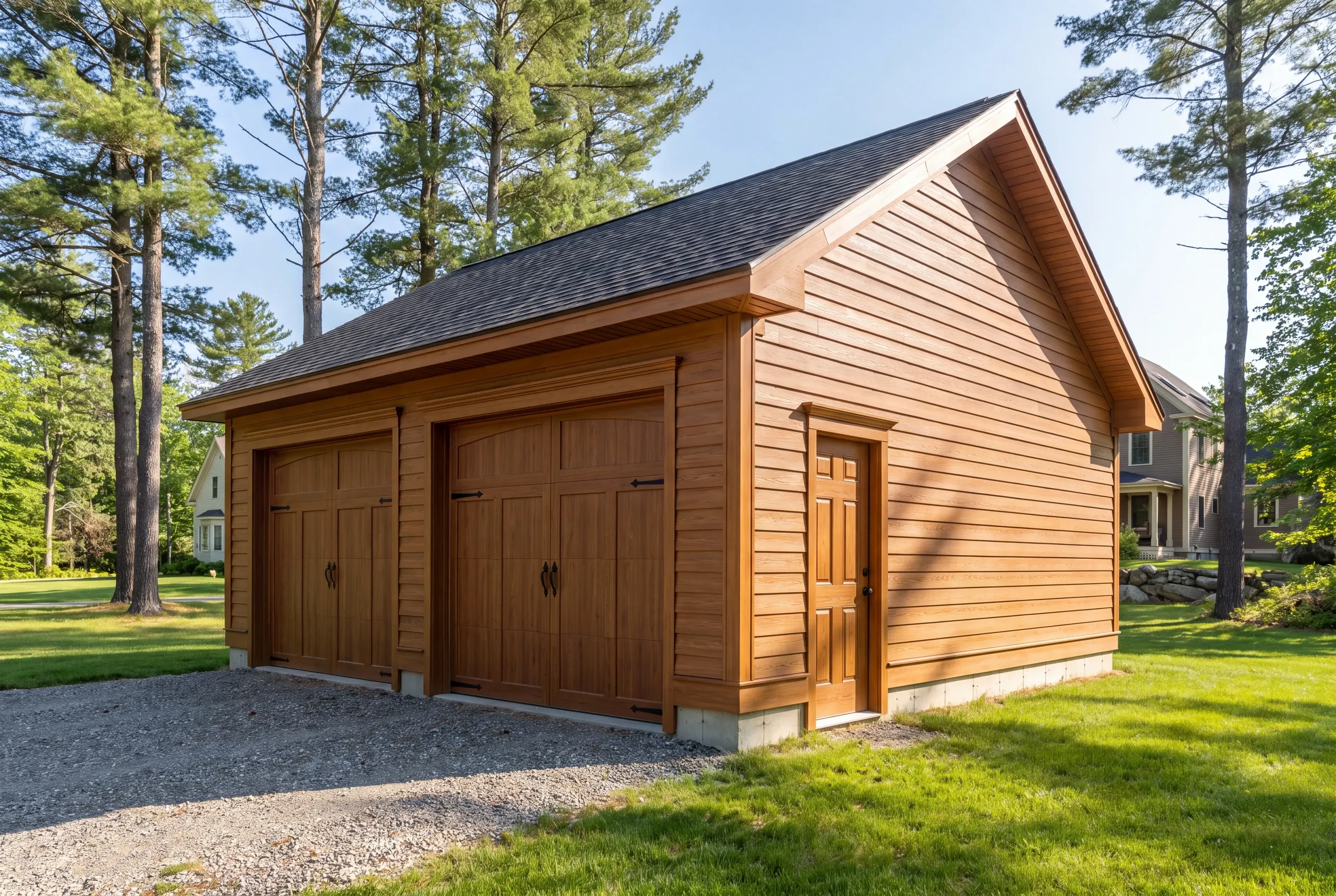 Garage builder Gardiner, ME crew raising a detached garage behind a historic Kennebec River home