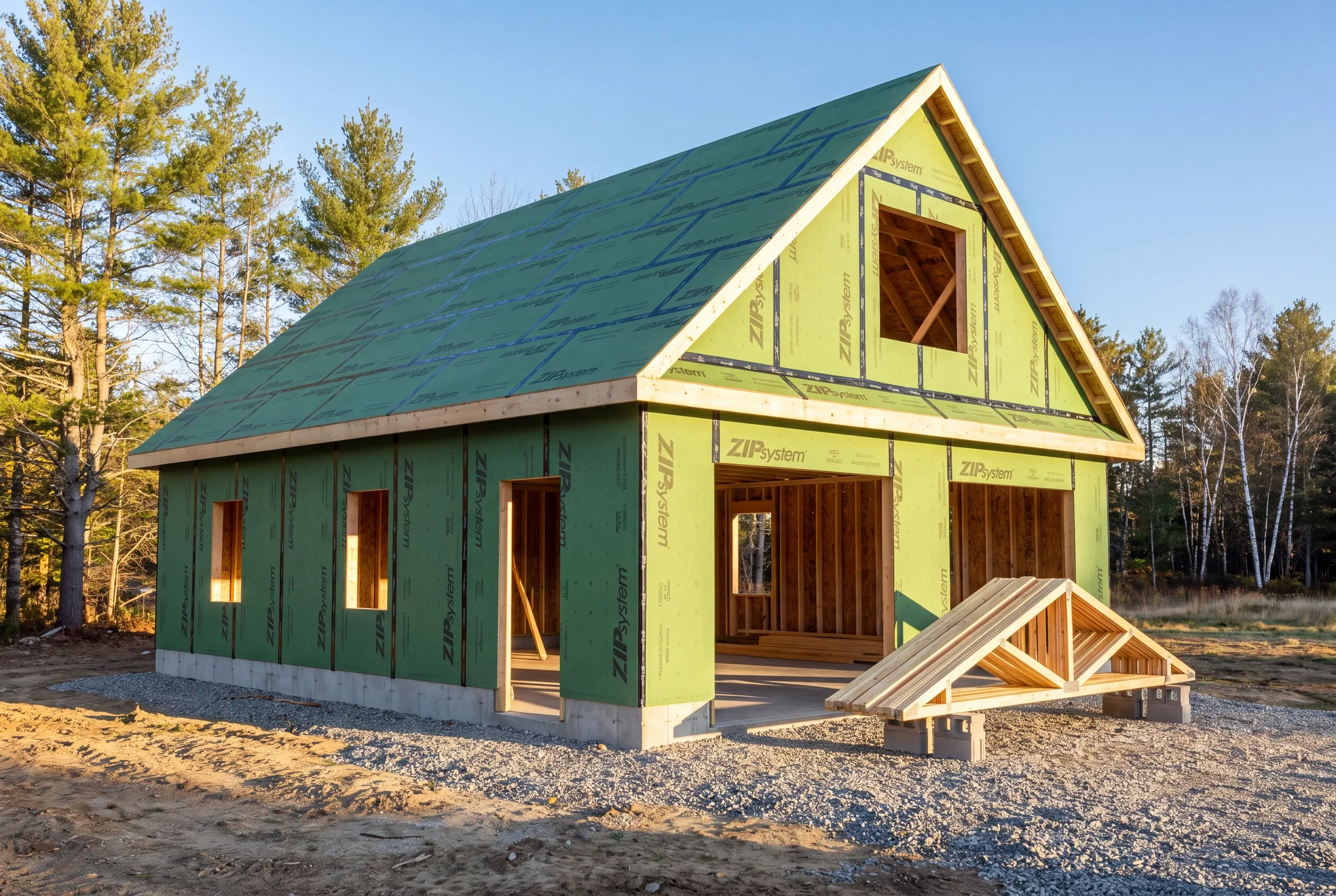 Roof trusses stacked on site for a 24 by 24 garage in Gardiner, Maine