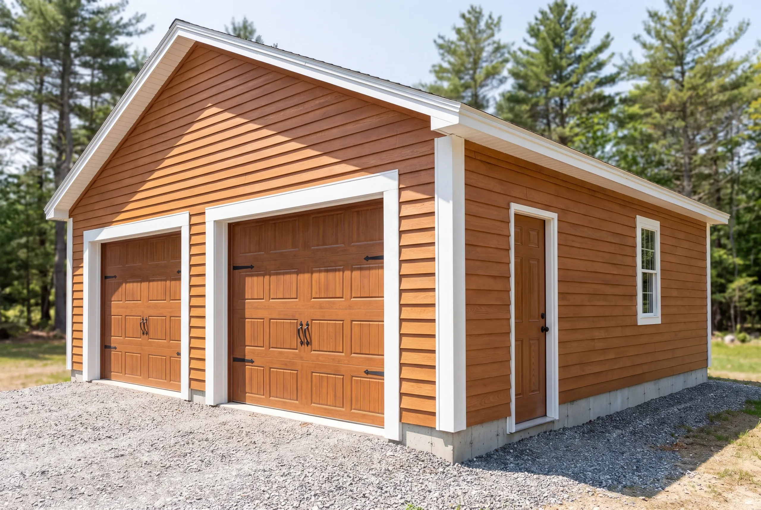 Finished detached garage with trim matching the main house in Gardiner