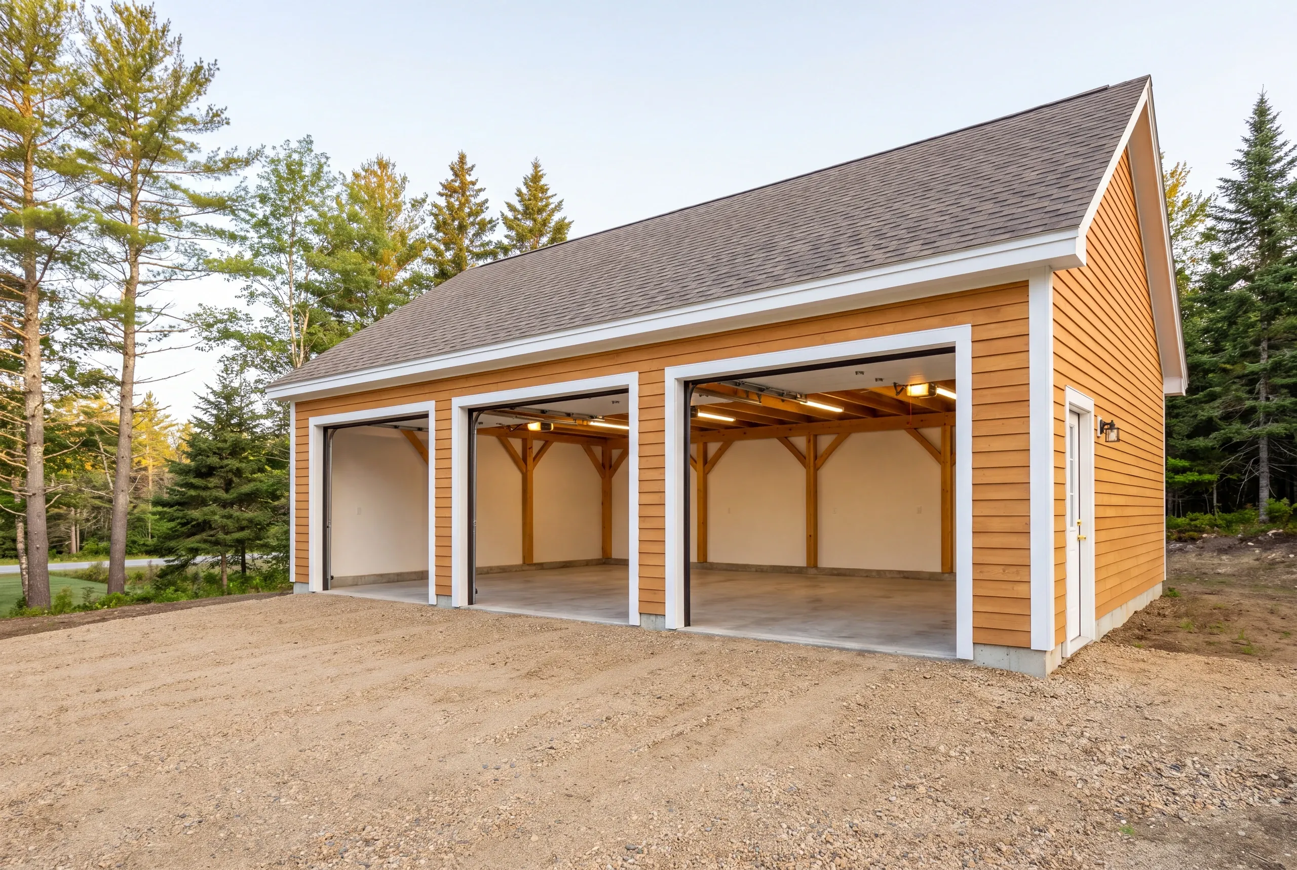 Finished garage interior in Gardiner with the overhead door open to the yard