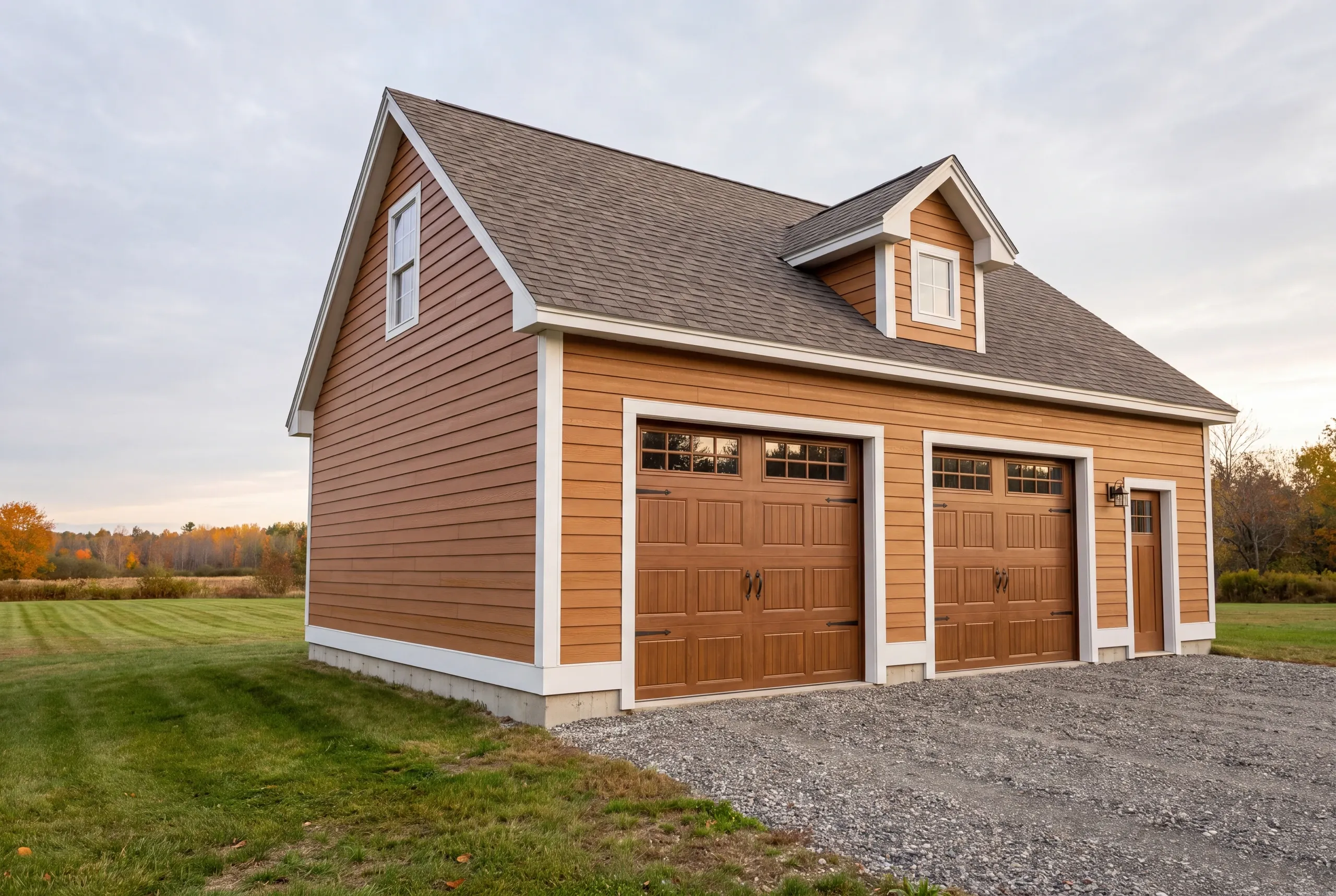 Finished detached garage on a Gardiner, Maine property, wide view