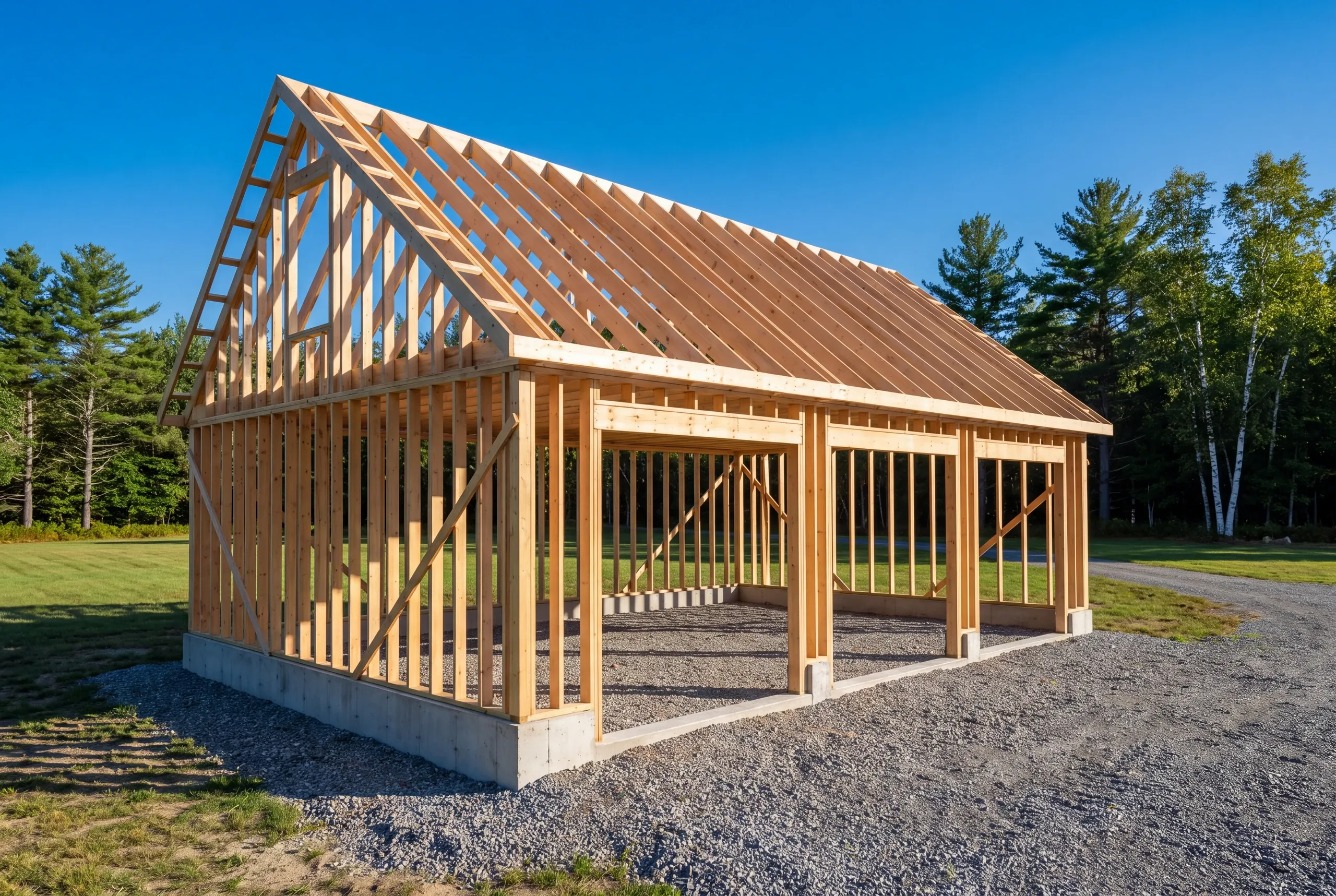 Garage builder Greene, ME crew framing a detached garage on open commuter-belt acreage