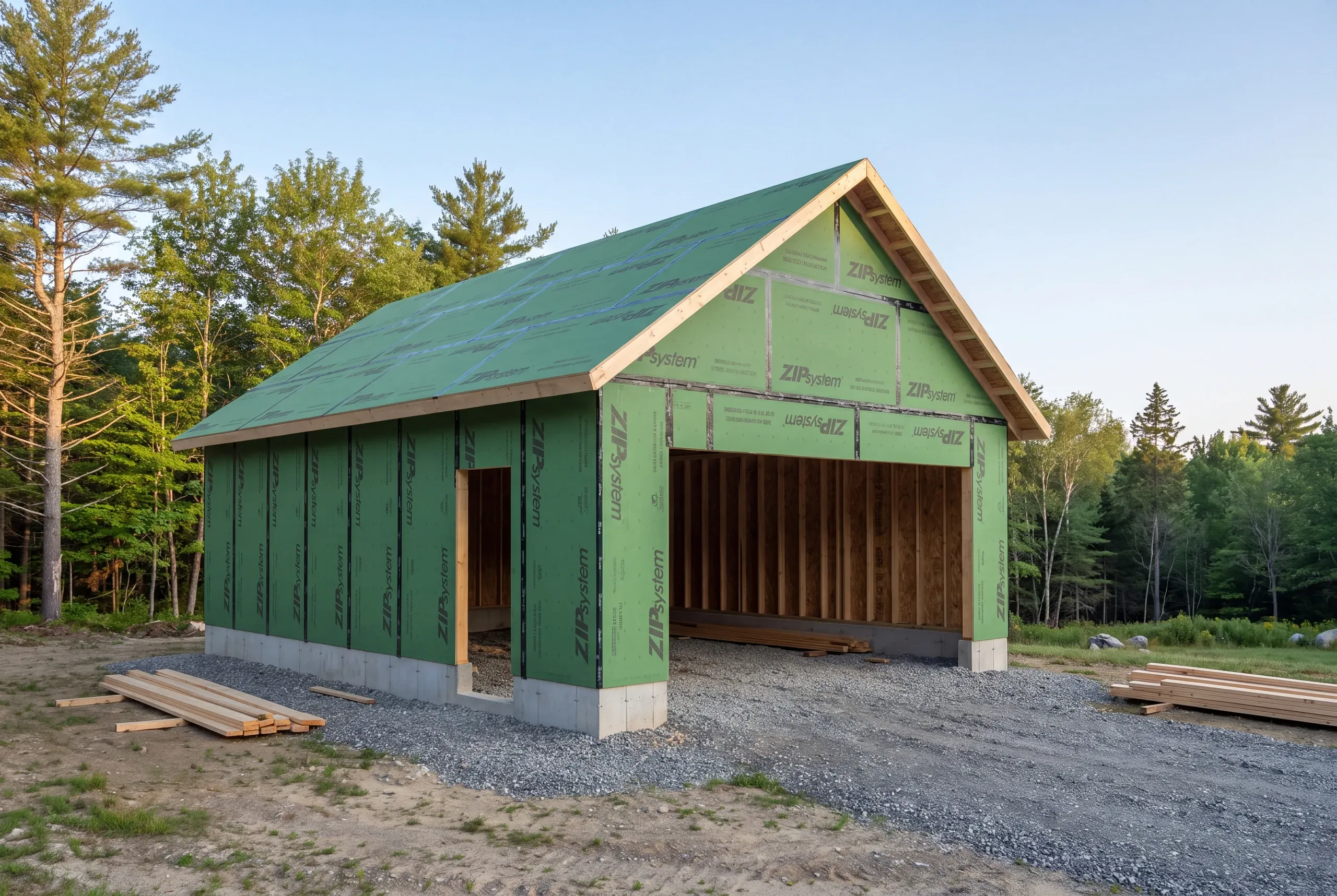 Taped ZIP System sheathing on a new garage shell in Greene