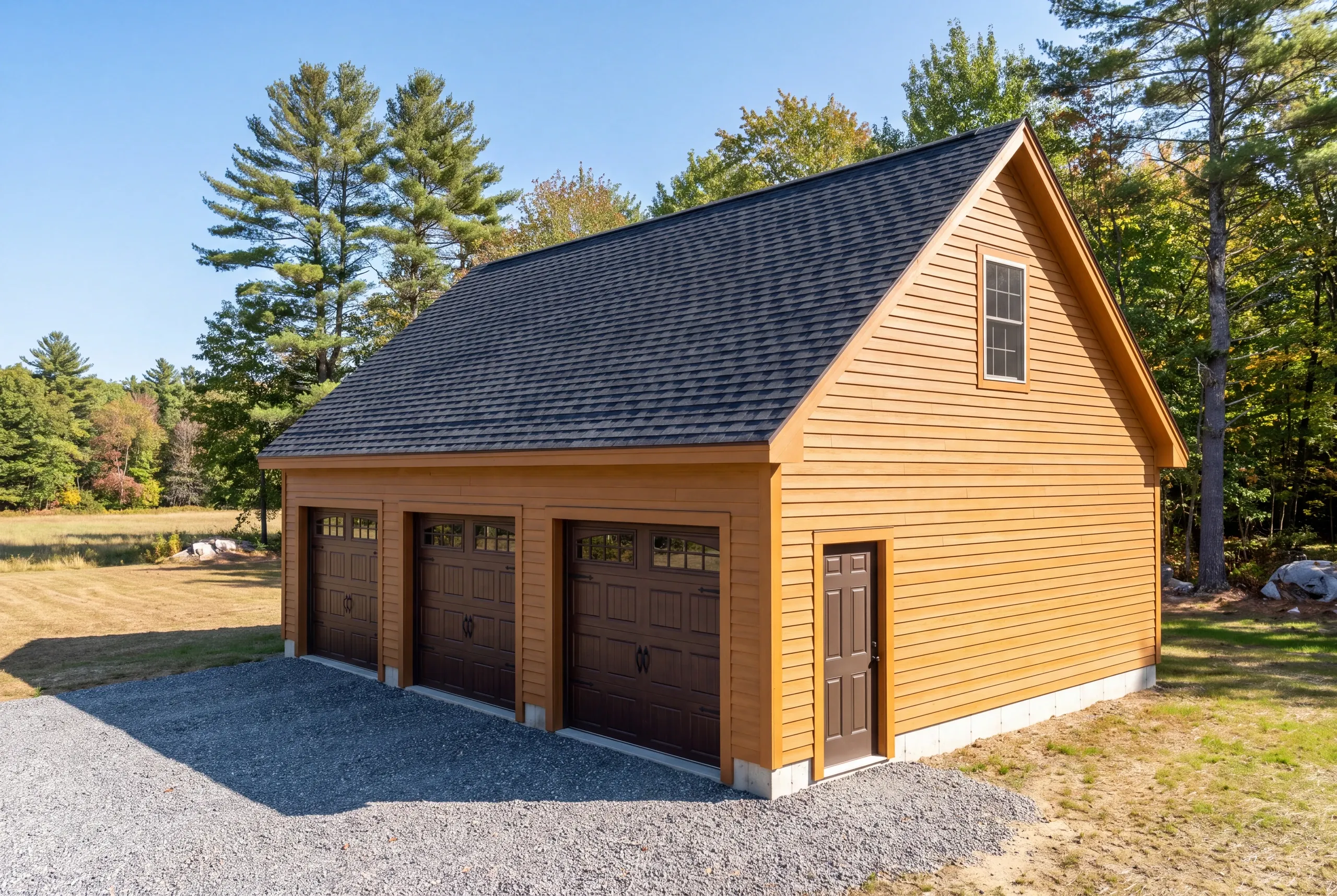 Finished three-bay garage with wide gravel approach on a Greene property