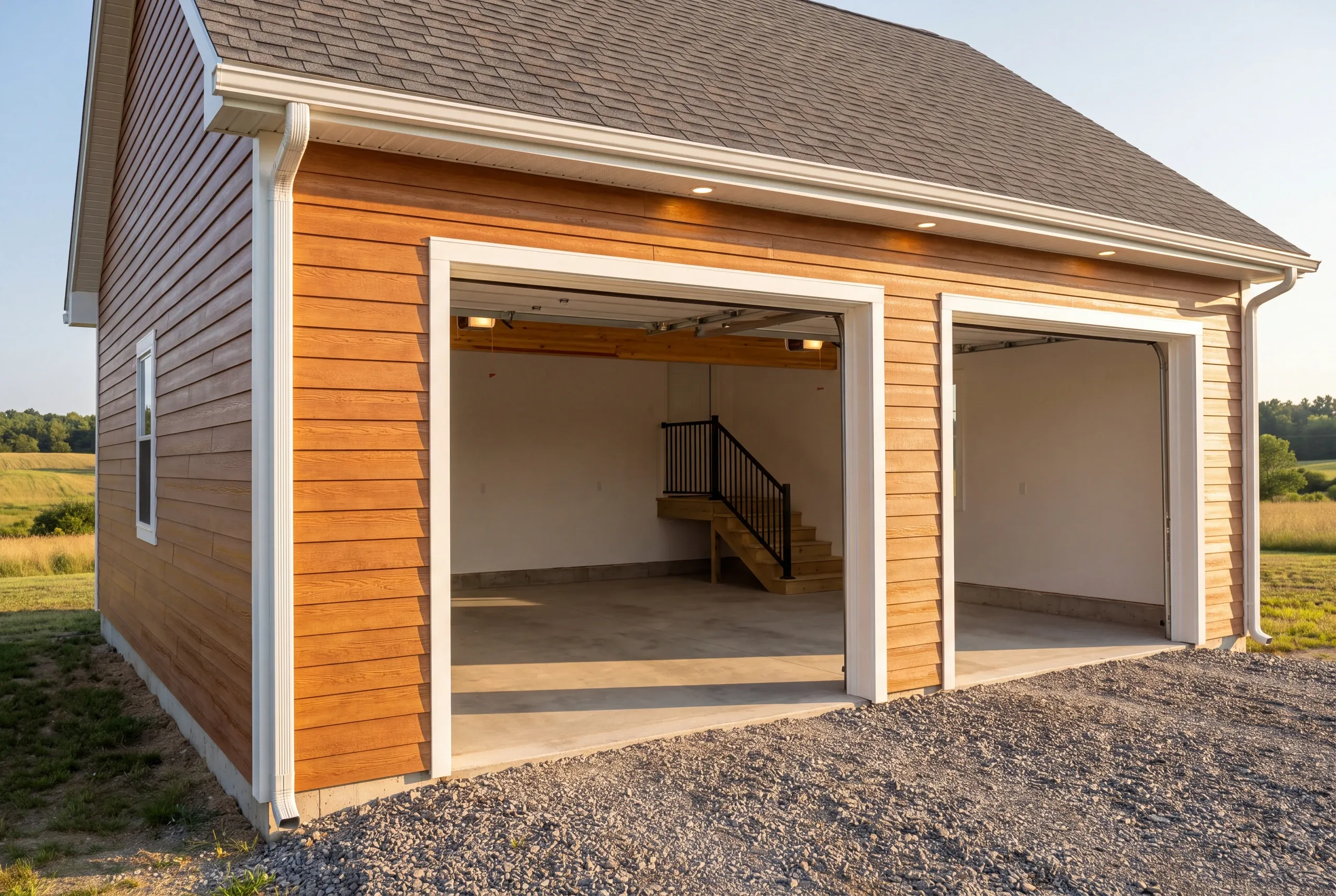 Finished garage interior in Greene with the overhead door open to the yard