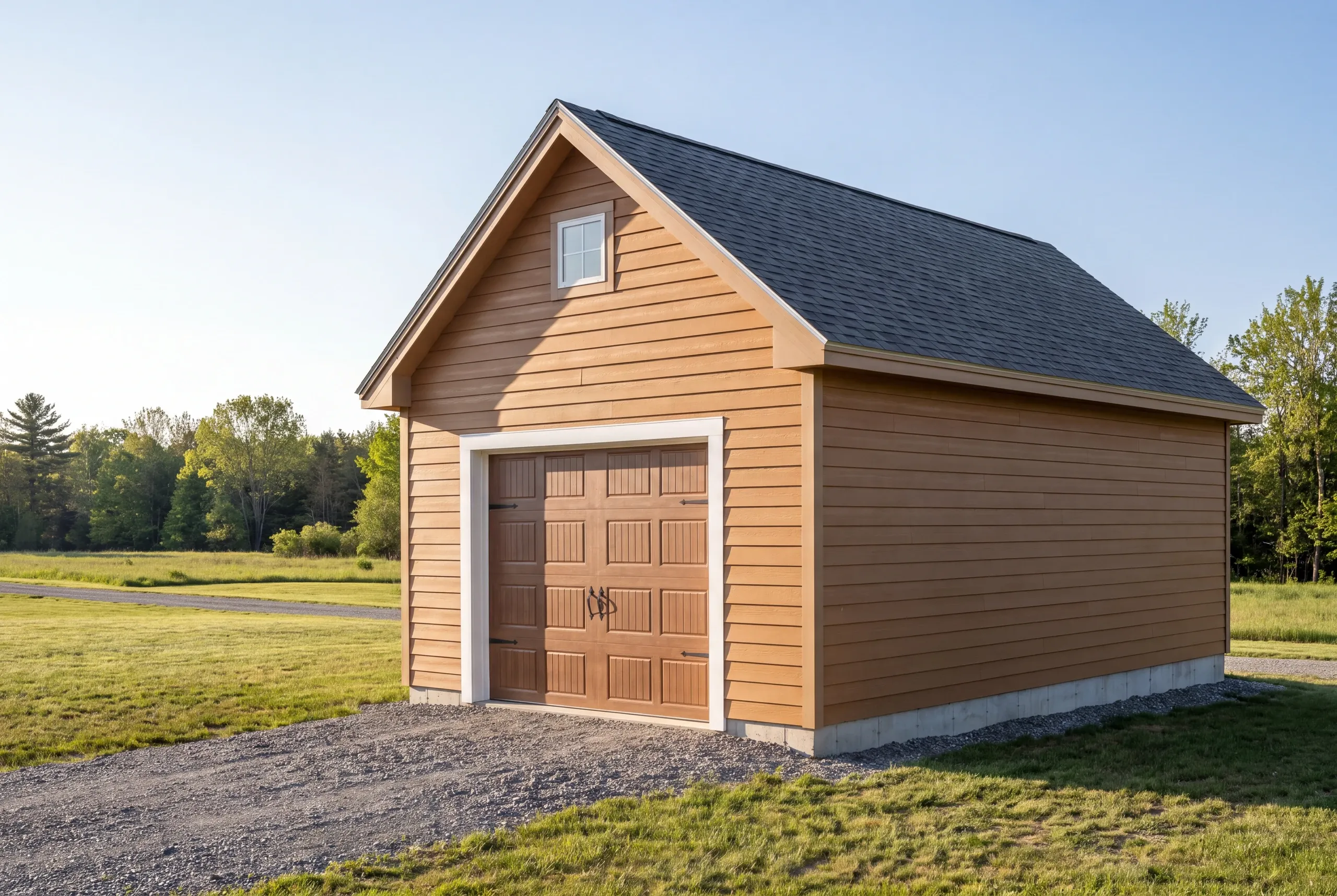 Finished detached garage on a Greene, Maine property, wide view