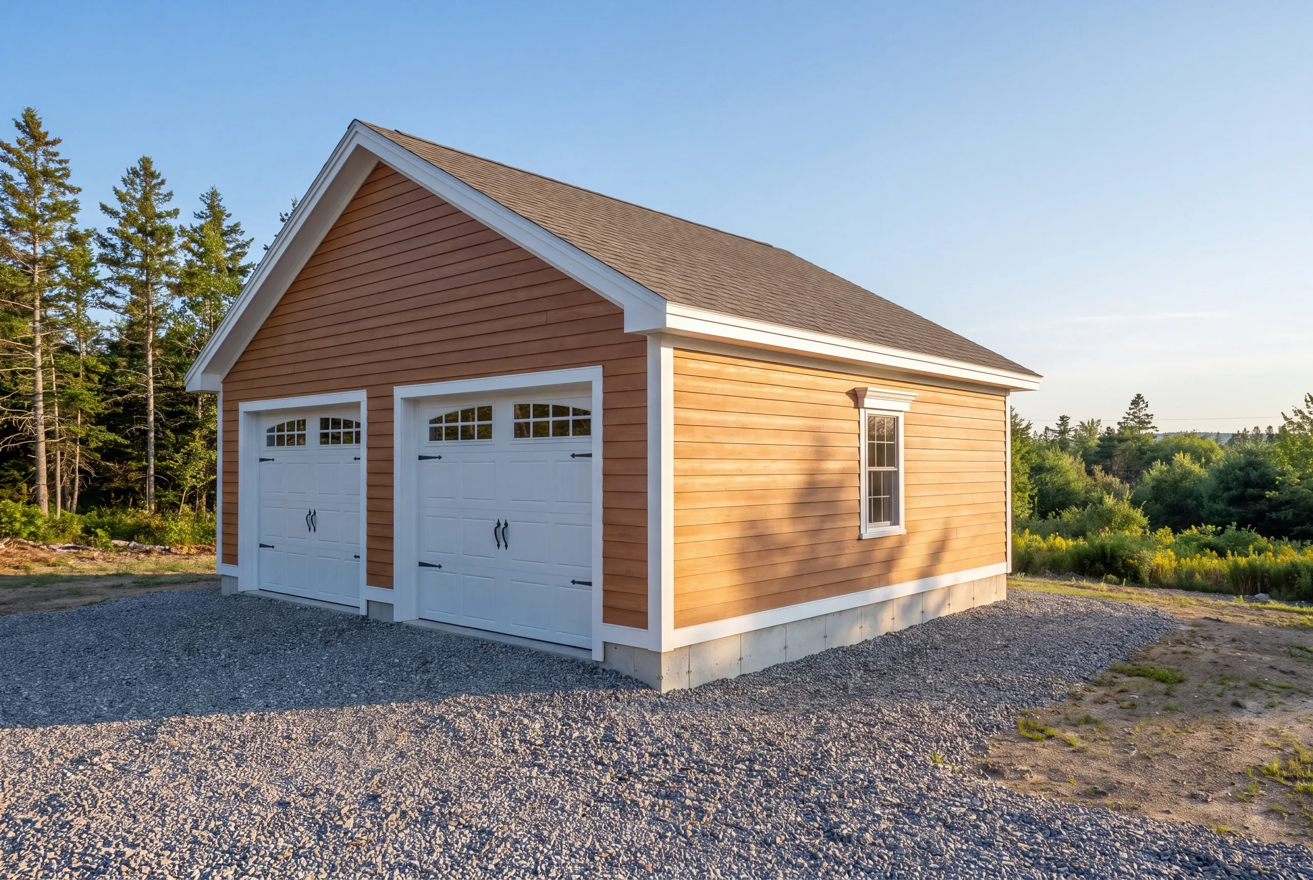 Gravel running to the door of a detached Maine garage, no concrete apron