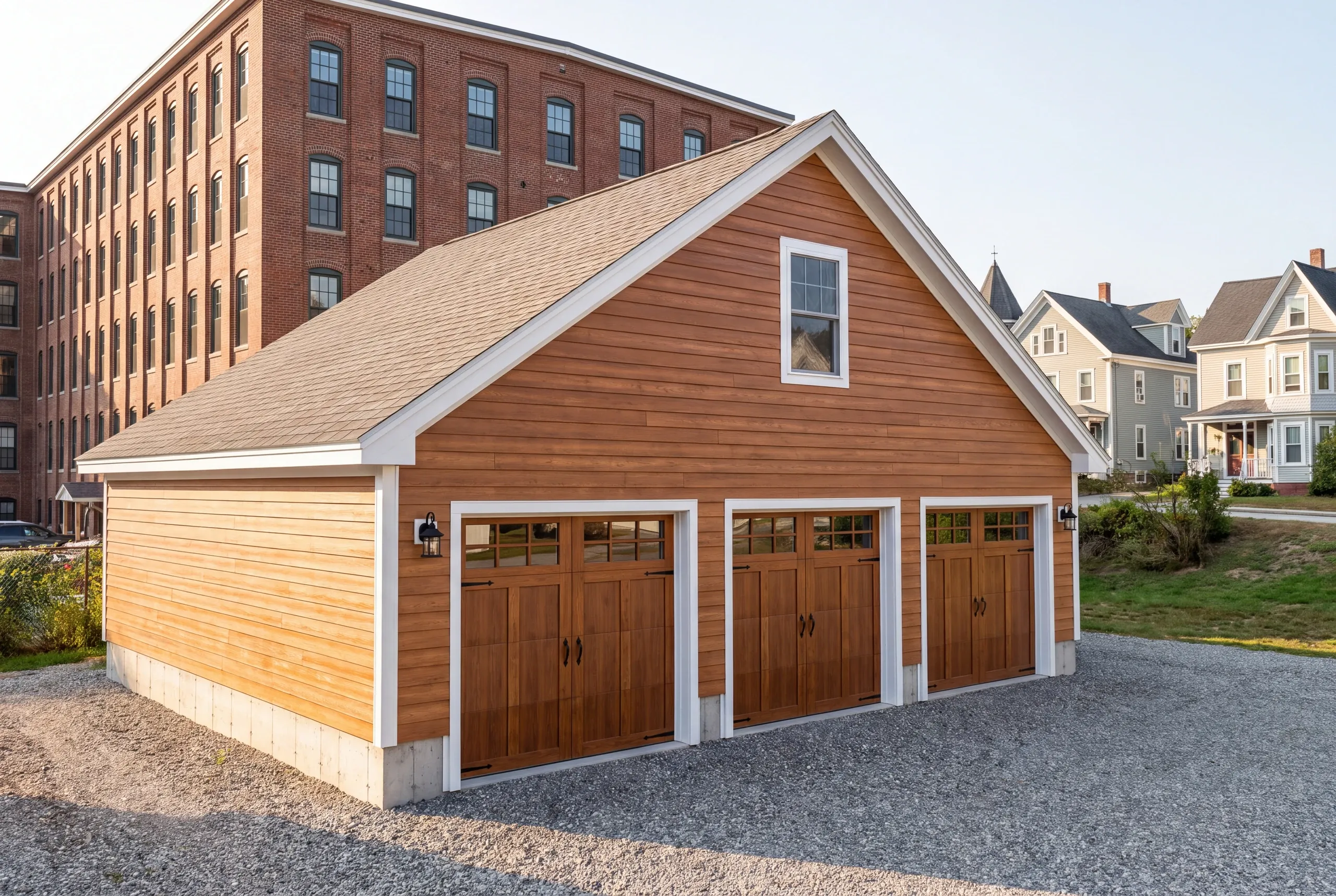 Garage builder Lewiston, ME crew building a detached garage behind a downtown multi-family home