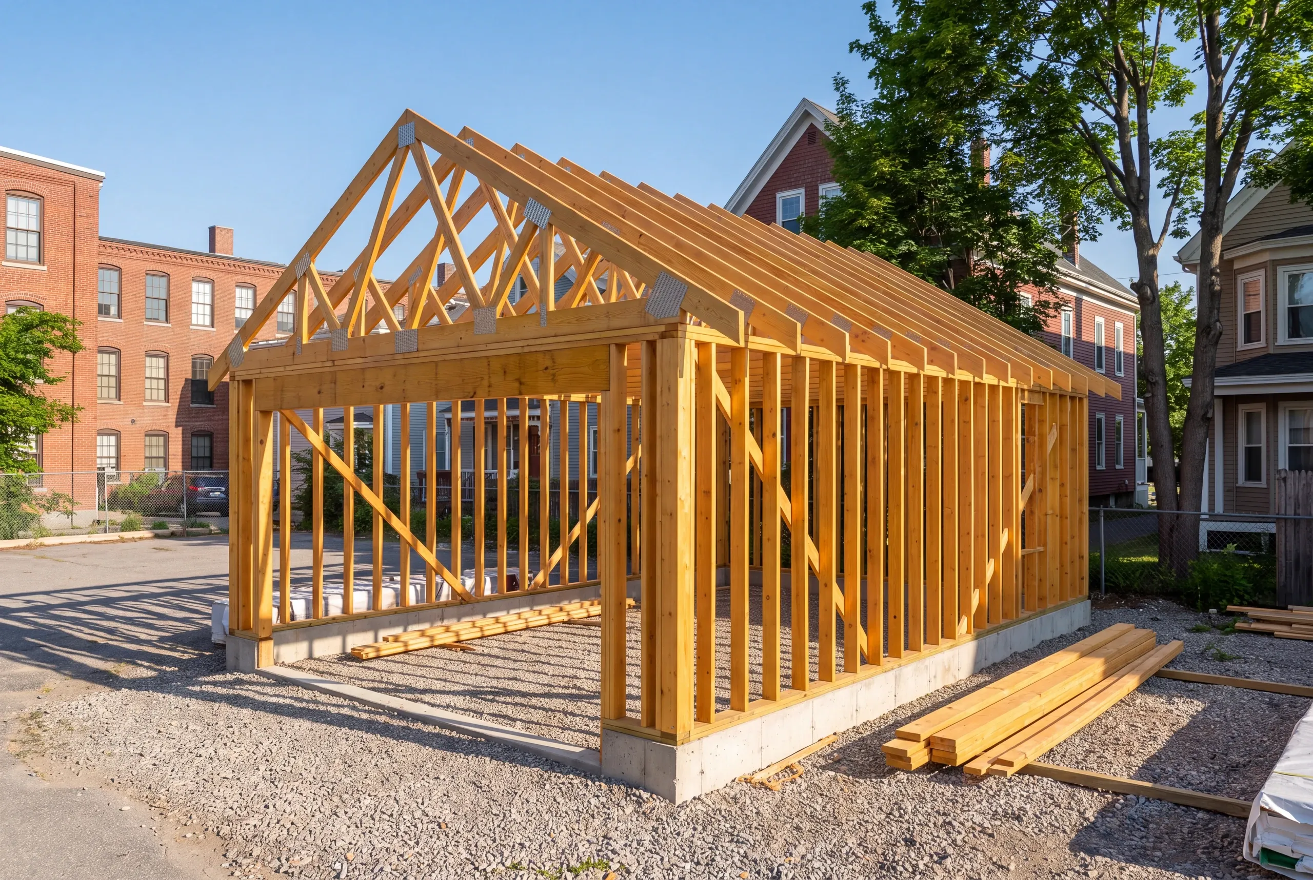 Trusses tied to the top plate with structural connectors on a Lewiston garage
