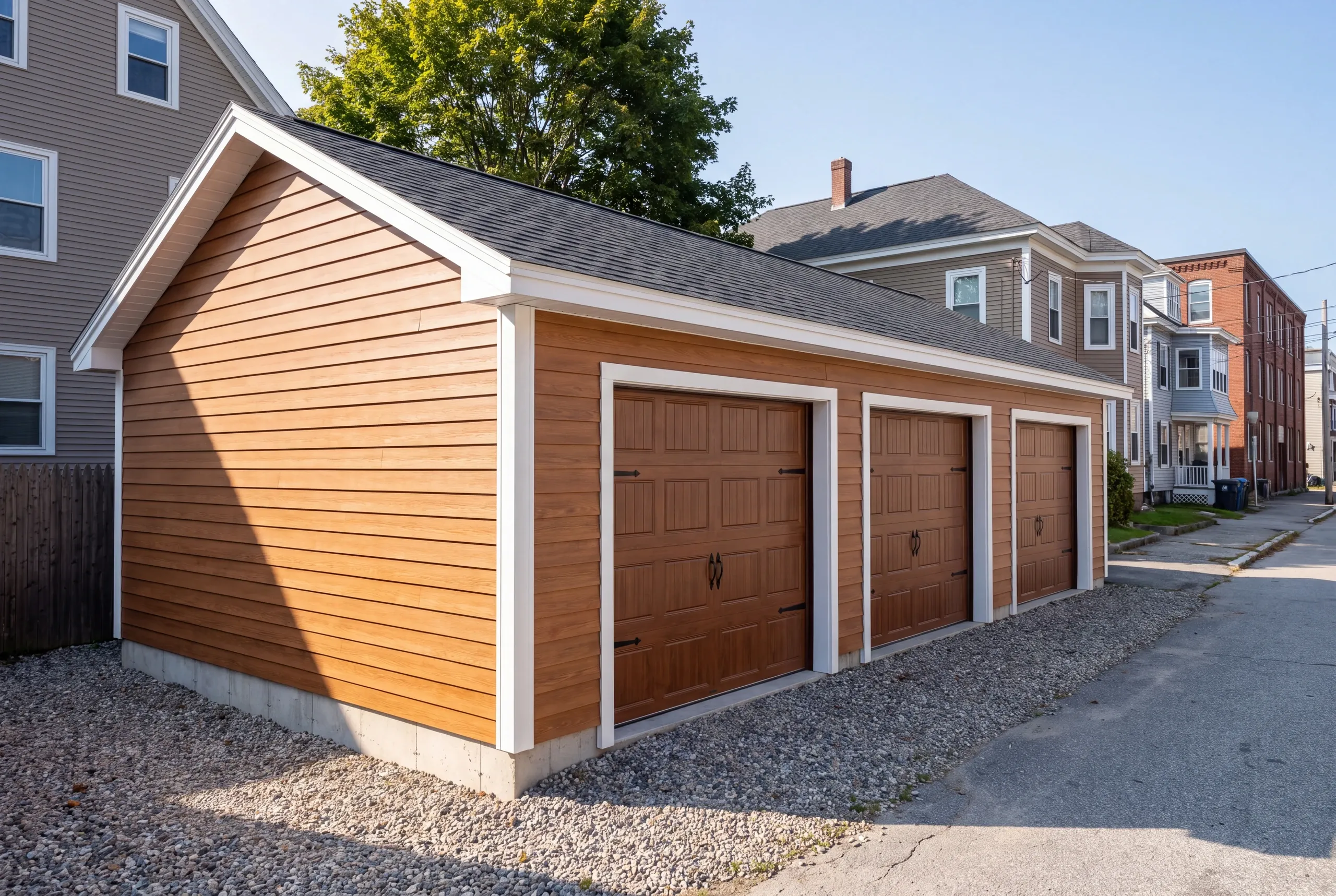 Finished two-bay garage on a Victorian street near Bates College in Lewiston