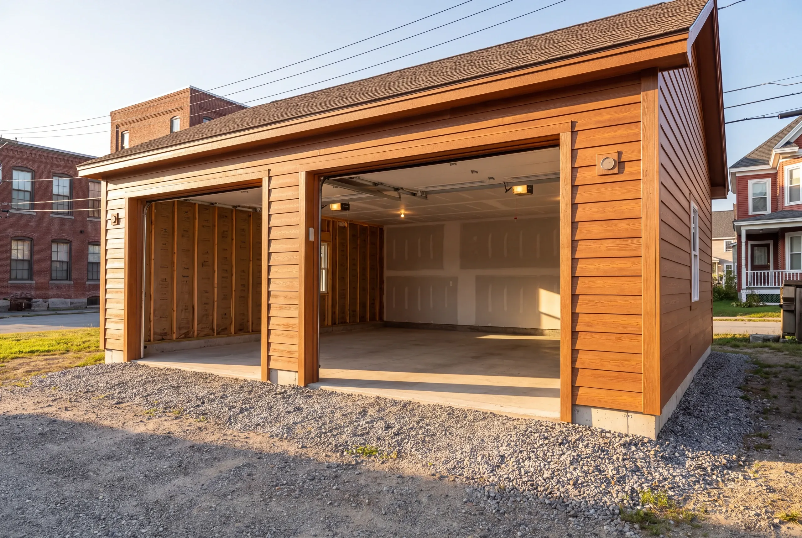 Finished garage interior in Lewiston with the overhead door open to the yard